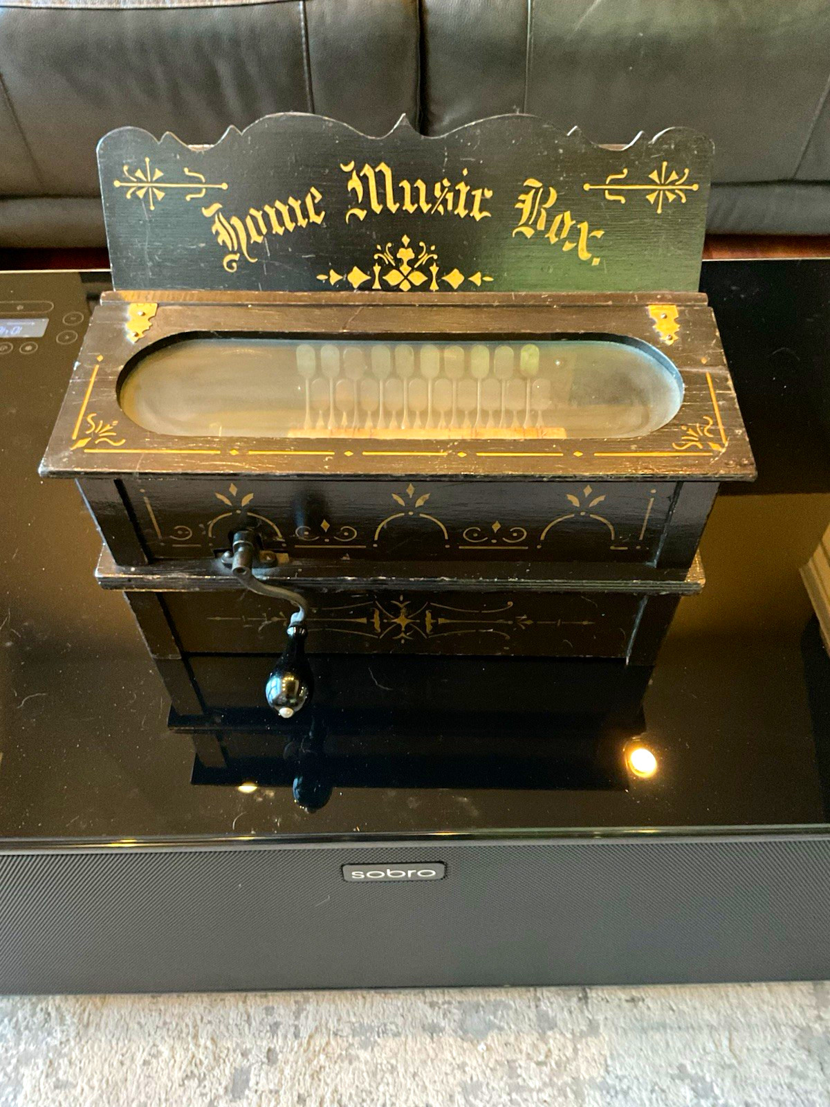 Antique-Style Hand Crank Cylinder Music Box, Pinned Drum, Black/Gold Text