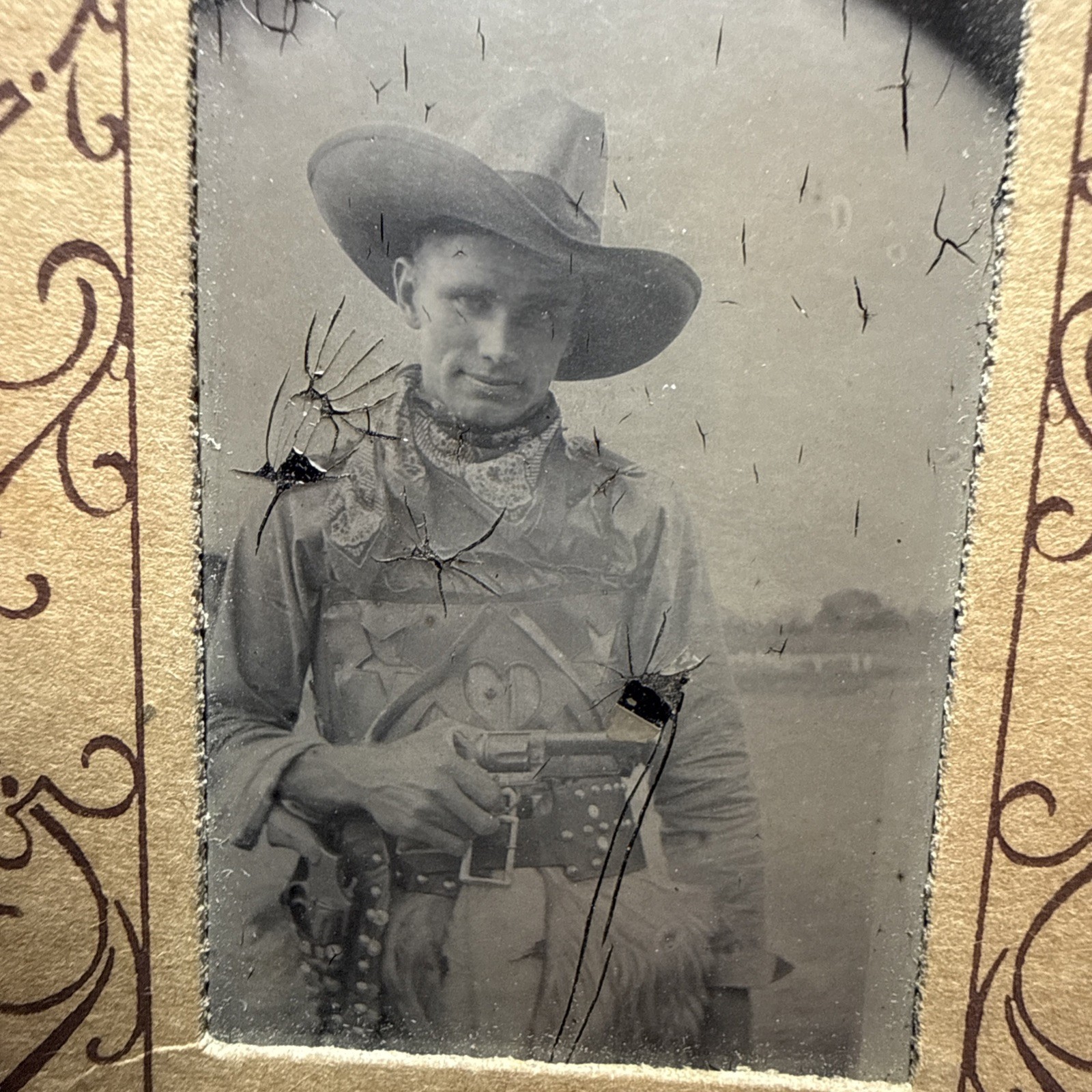 Rare 1890’s Era Tin Type Image Of Young Cowboy With Hat,chaps,bandana & Pistols 