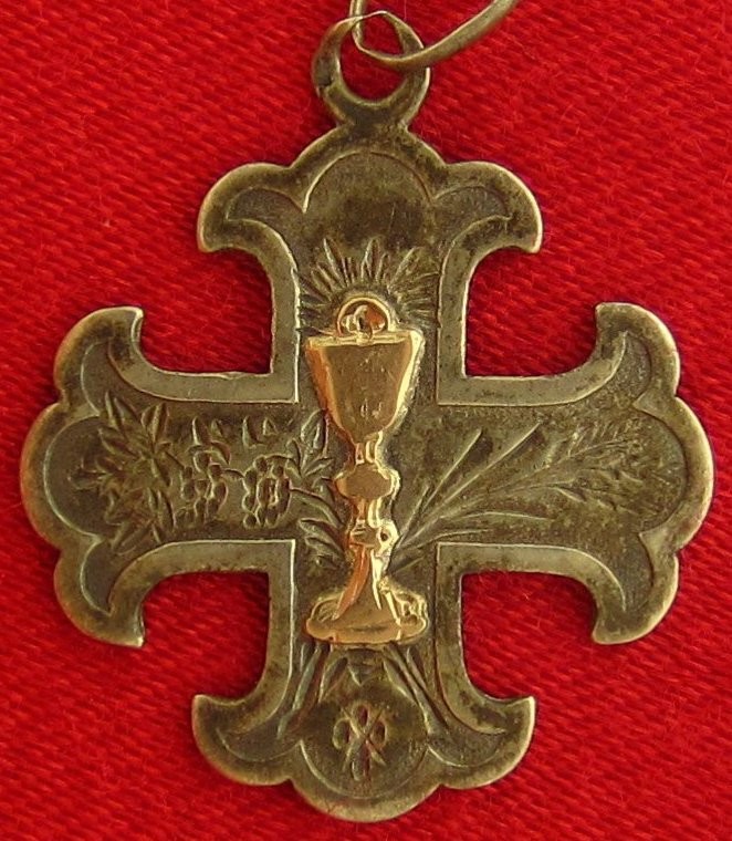 Antique FIRST COMMUNION Medal Silver Ornate HOLY EUCHARIST Catholic JUNE 8, 1887