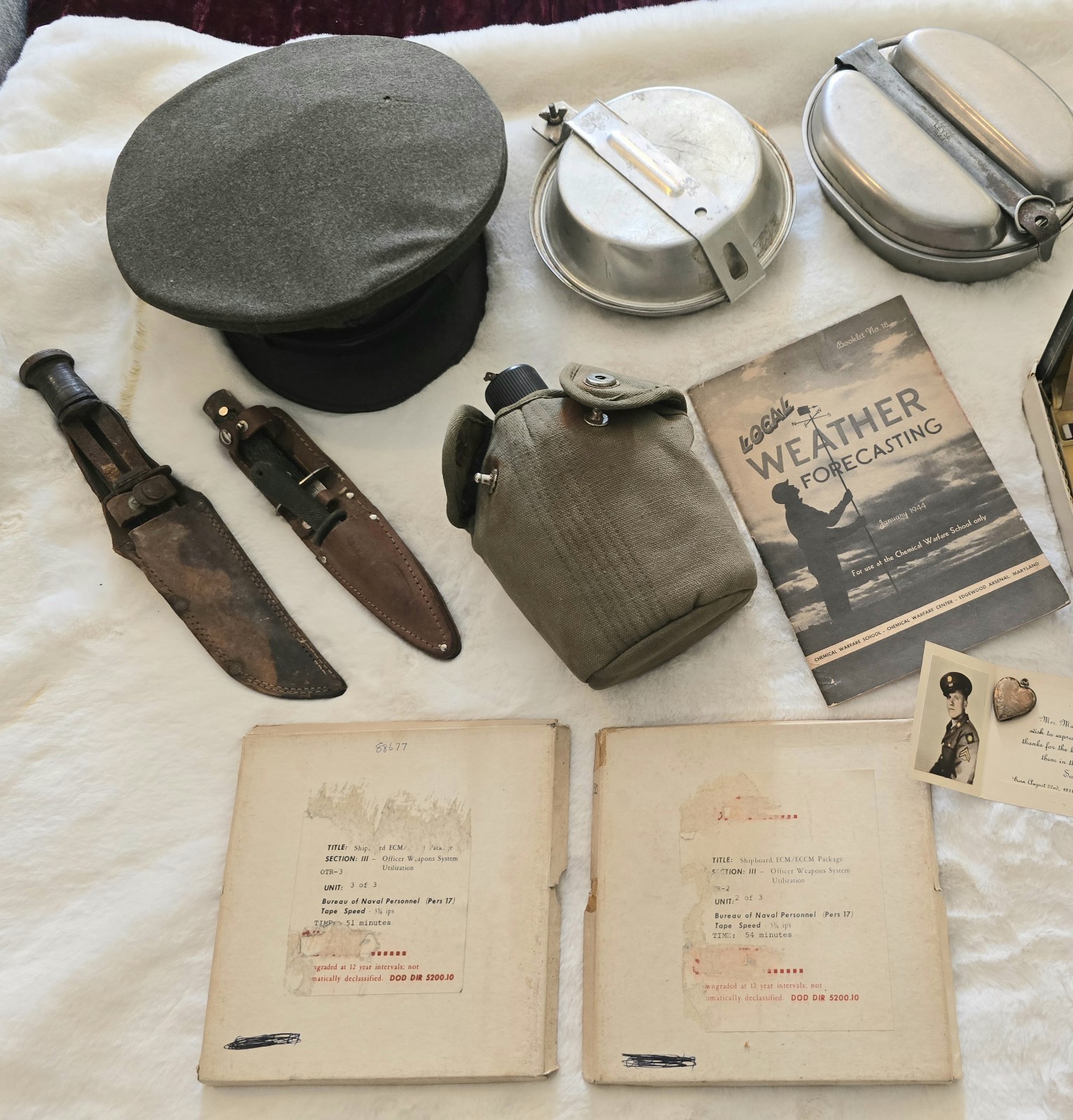 WWI WWII RARE Military Grouping Mess Kits Knives Cap Canteen Naval Reels Etc. 