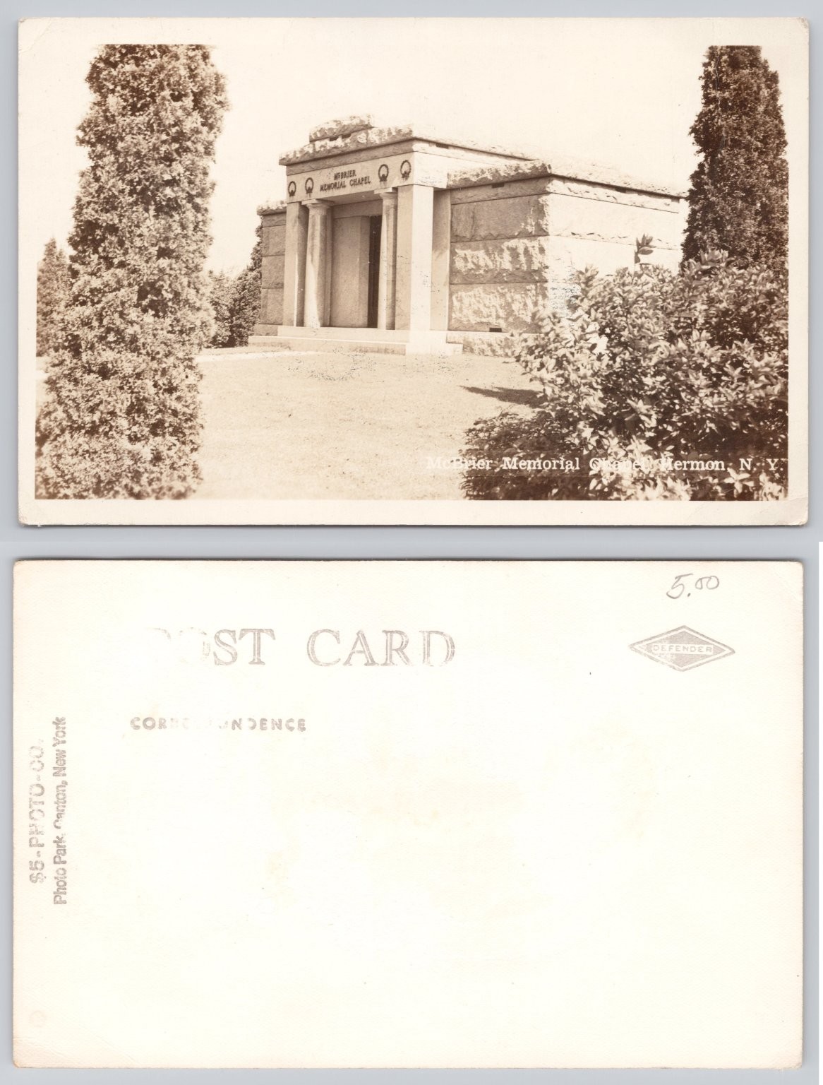 McBrier Memorial Chapel Hermon NY Postcard RPPC Defender Paper