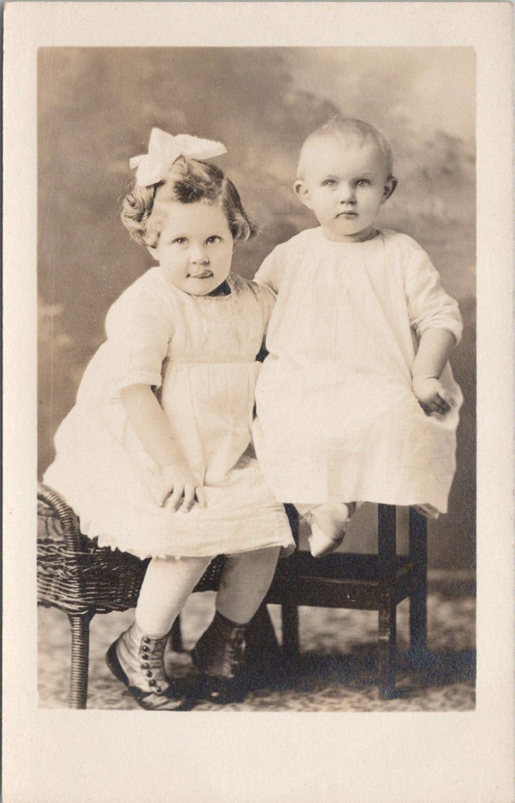 RPPC ** Studio Pose Two Children Young Girl and Large Baby Christmas 1910s