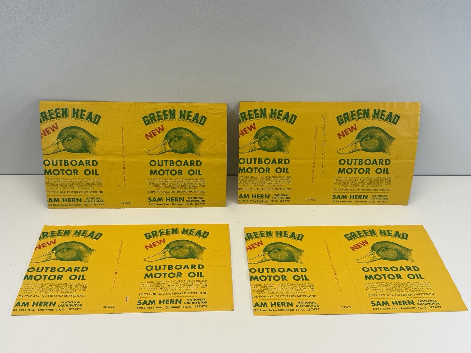 Vintage Unused Green Head Duck Outboard Motor Oil Labels Cincinnati OH RARE