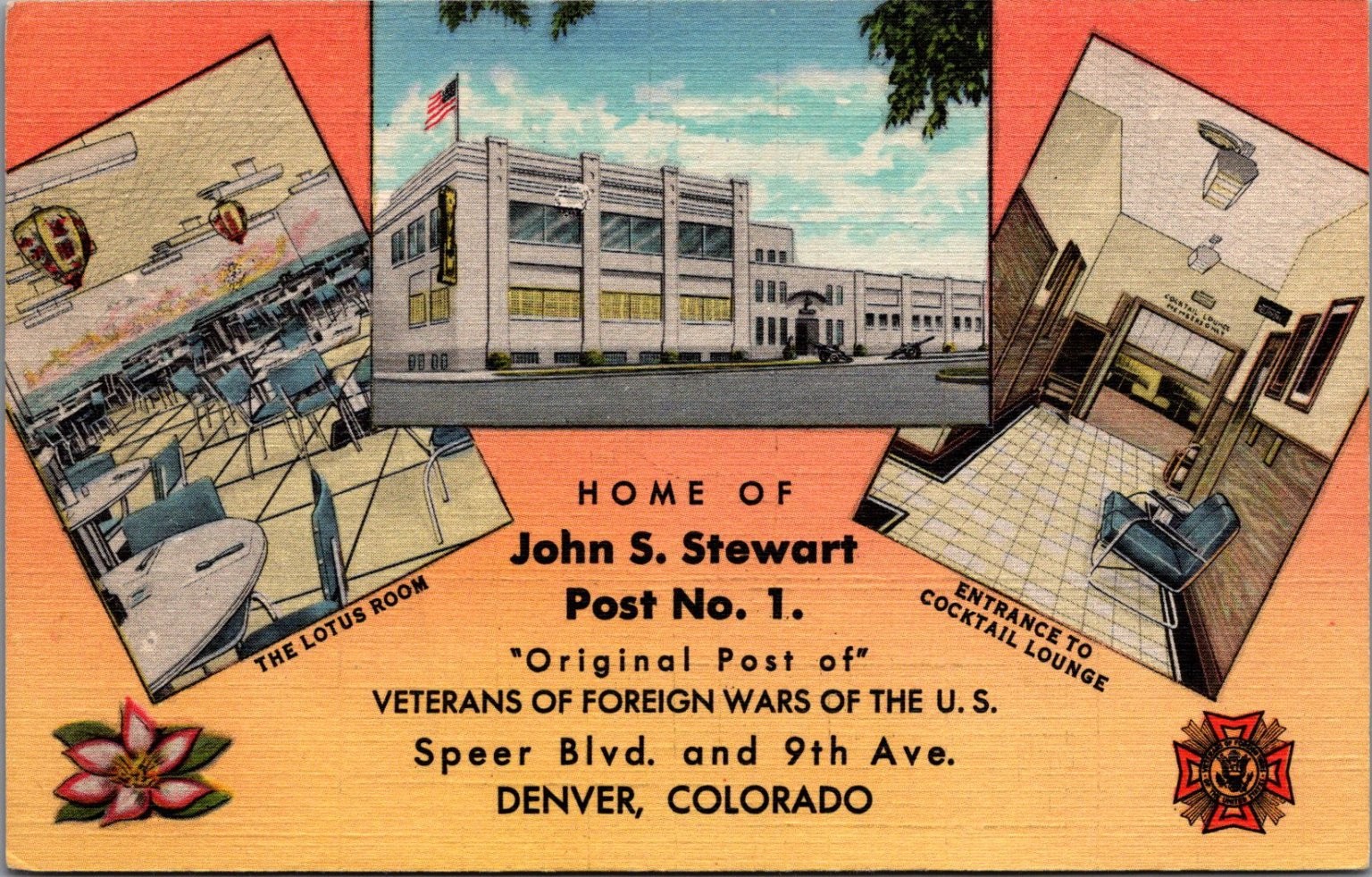 VFW John S. Stewart Post 1 Denver CO Lotus Room Cocktail Lounge Postcard