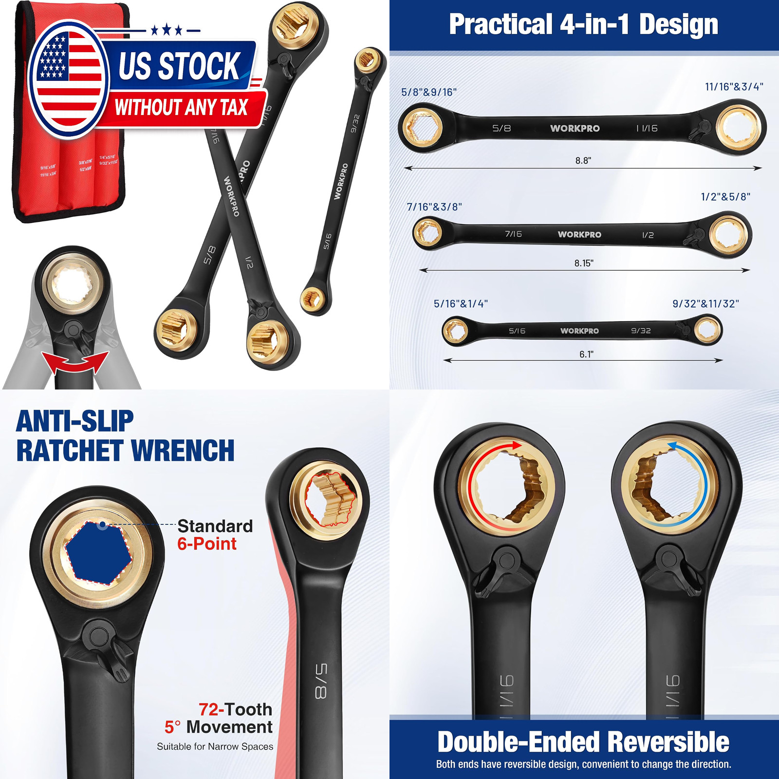 3 PCS 4-in-1 Reversible Ratcheting Wrench Set, SAE, Double Box End