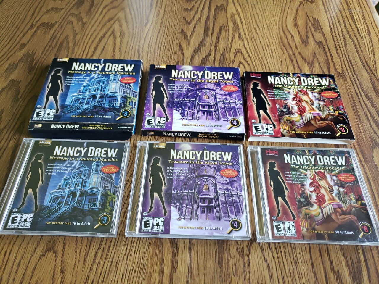 3 Nancy Drew PC Games #3 Message In A Haunted Mansion,#4 Treasure In Royal Tower