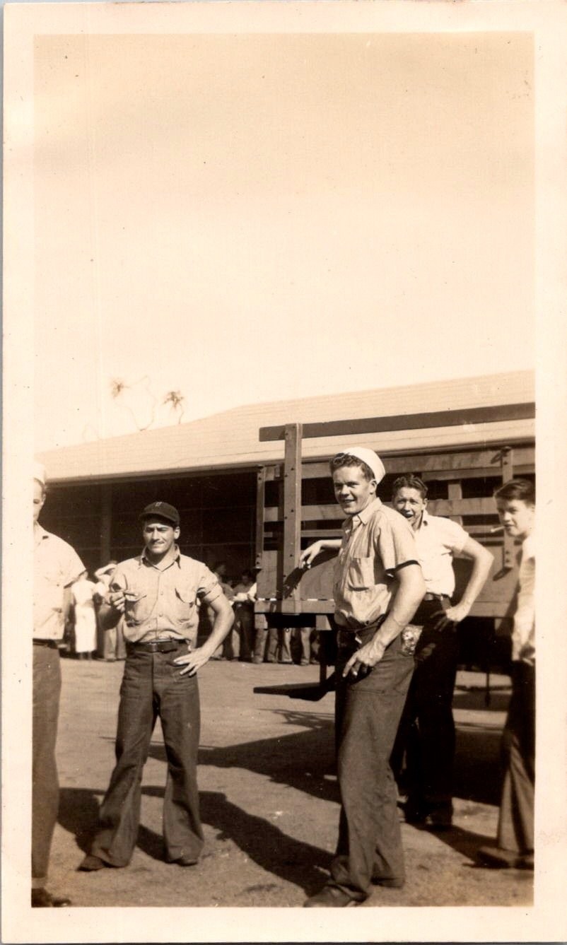 Vintage 1940s Photo Young Men Sailors Workers Outdoor Group Snapshot Original