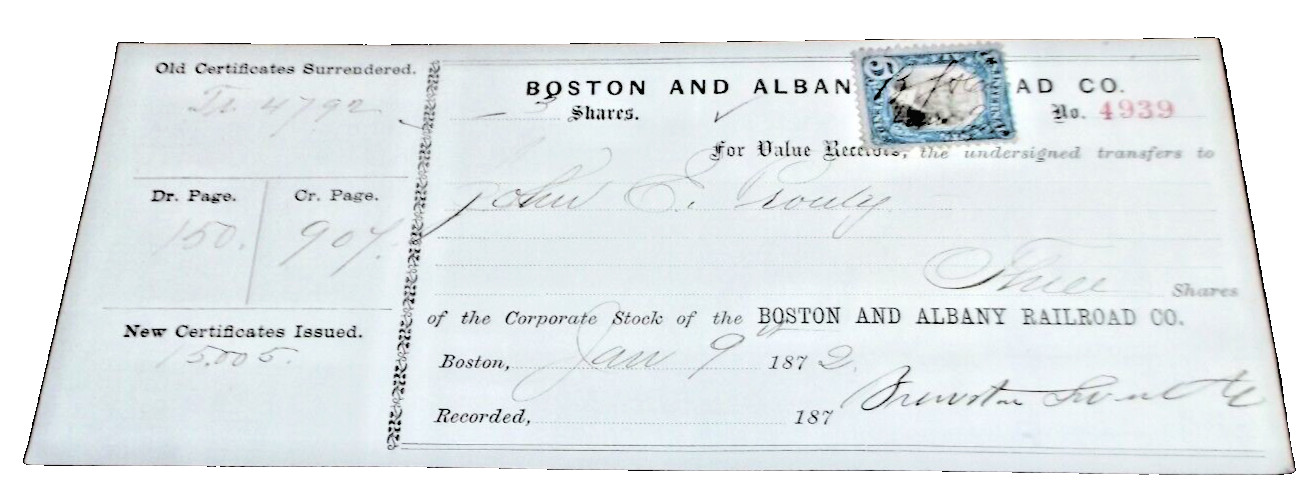 JANUARY 1872 BOSTON & ALBANY RAILROAD NYC STOCK CERTIFICATE EXCHANGE RECEIPT B