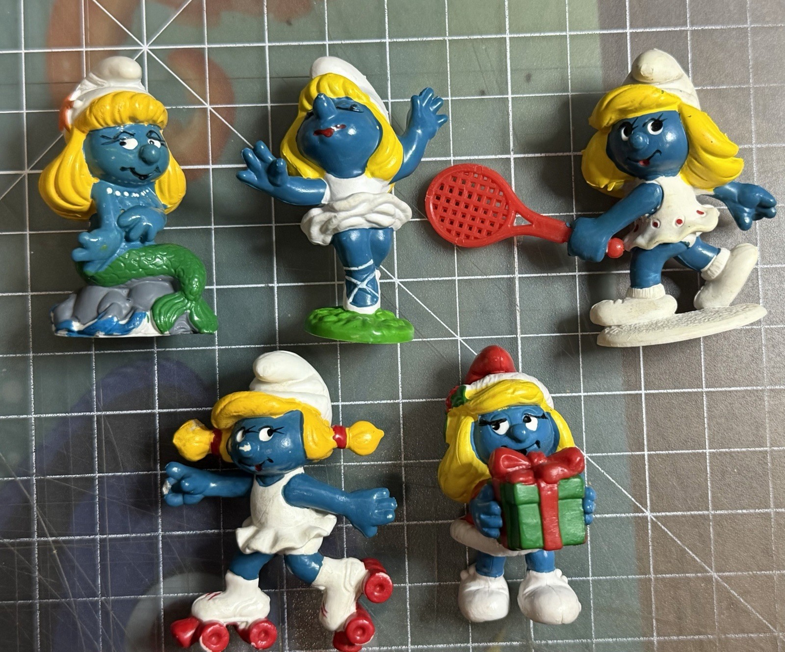 Vintage 1980s Peyo/Schleich SMURFS SMURFETTE Lot: Mermaid, Holiday, Ballet, Skat