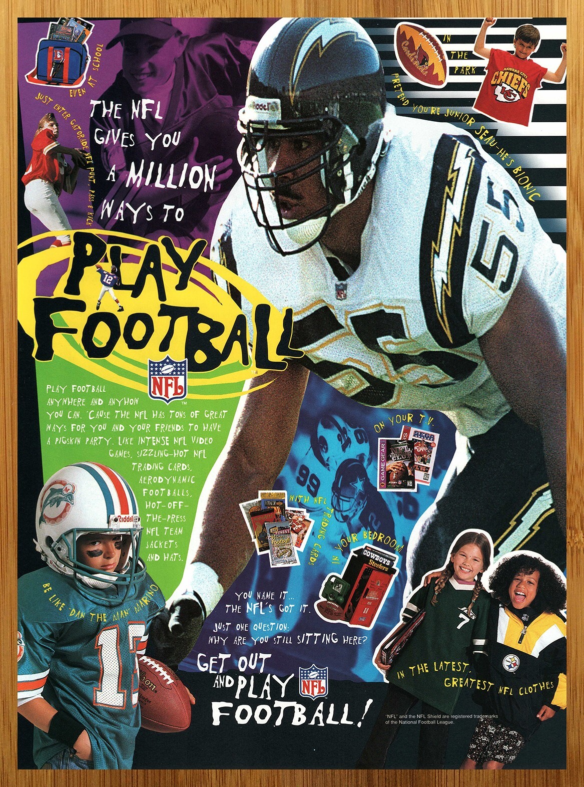 1995 NFL Play Football Vintage Print Ad/Poster Junior Seau Sega Game 90s Kid Art