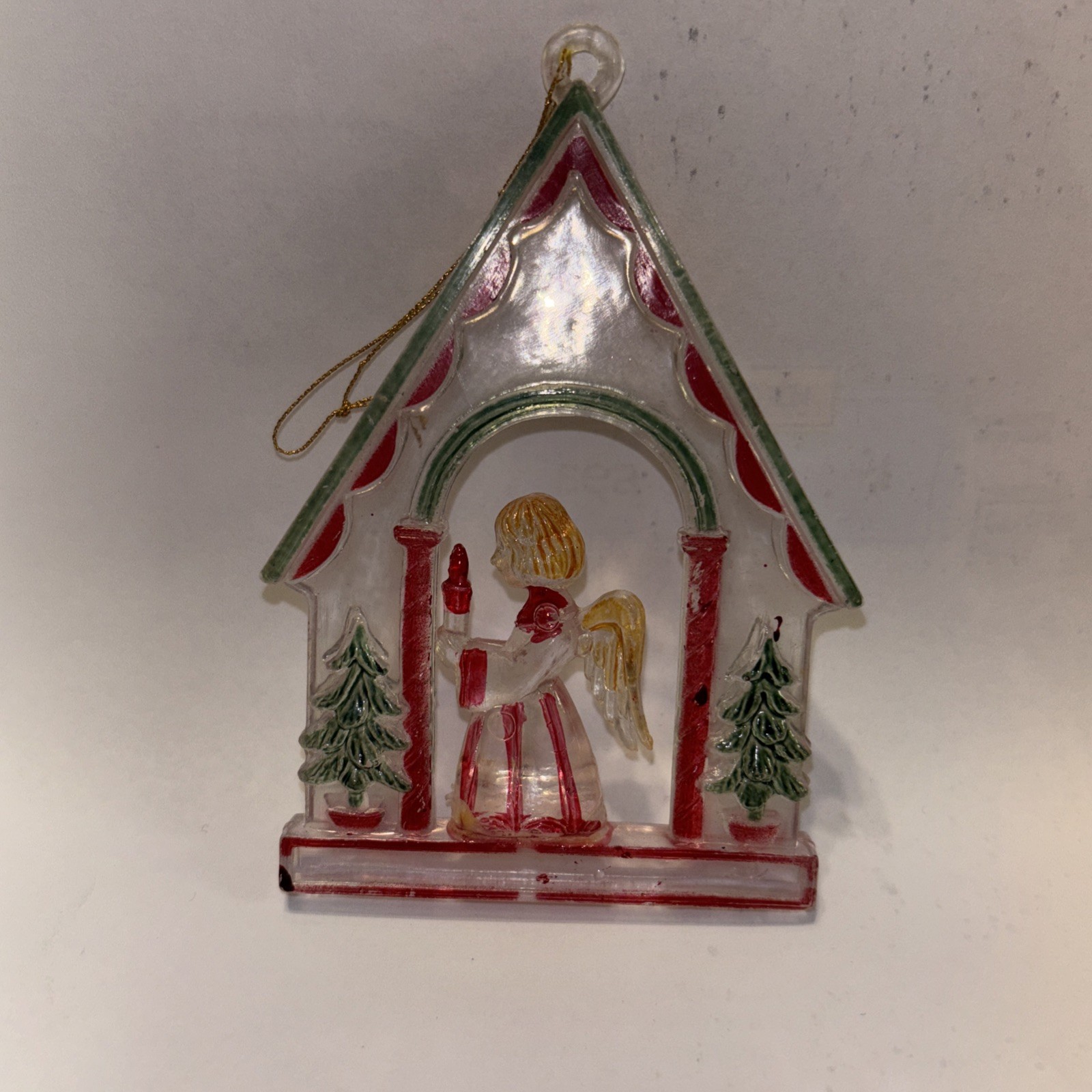 Vintage Angel in Christmas House Holding a Candle Hard Plastic Ornament 4\