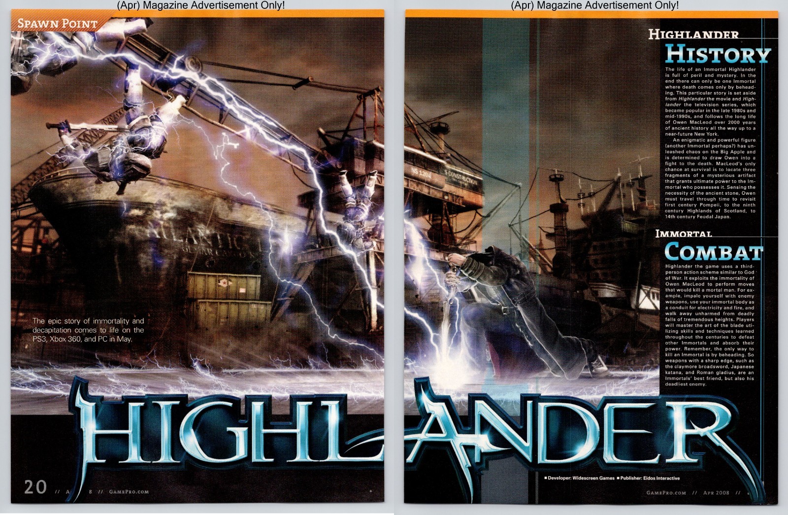 Highlander Eidos Interactive Video Game Promo 2008 2Page Advertisement