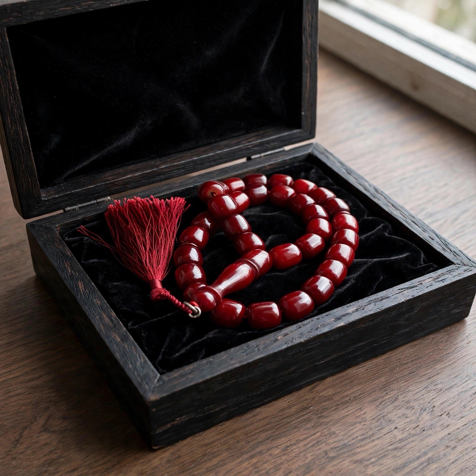 Rare Antique Ottoman German Faturan Bakelite Kurba Tasbih Blood Cherry Red 59g