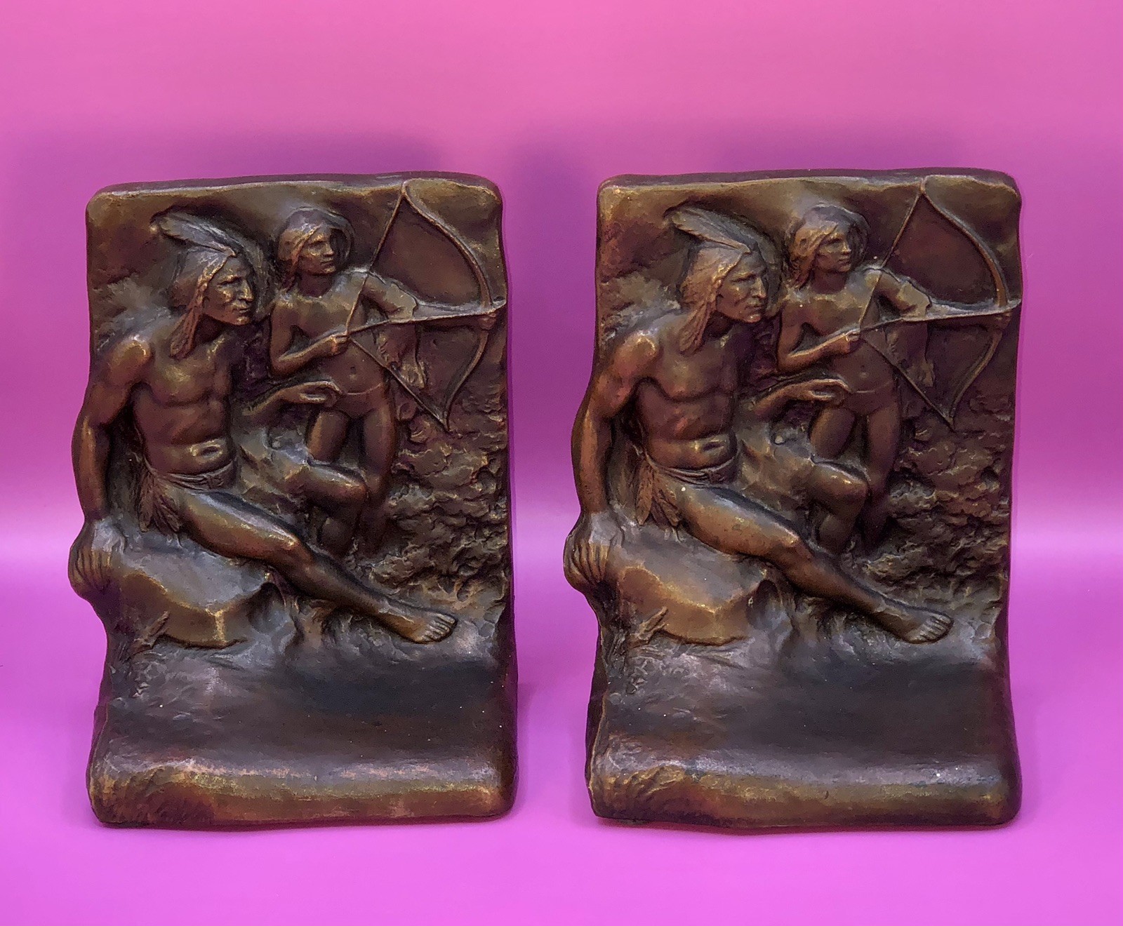Antique Weidlich Brothers Bronze BOOKENDS Native American Archers Indians #644
