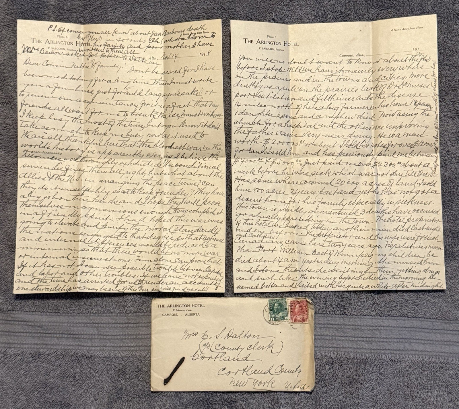 1918 Camrose Alberta letter on Spanish Flu, Arlington Hotel cover to NY