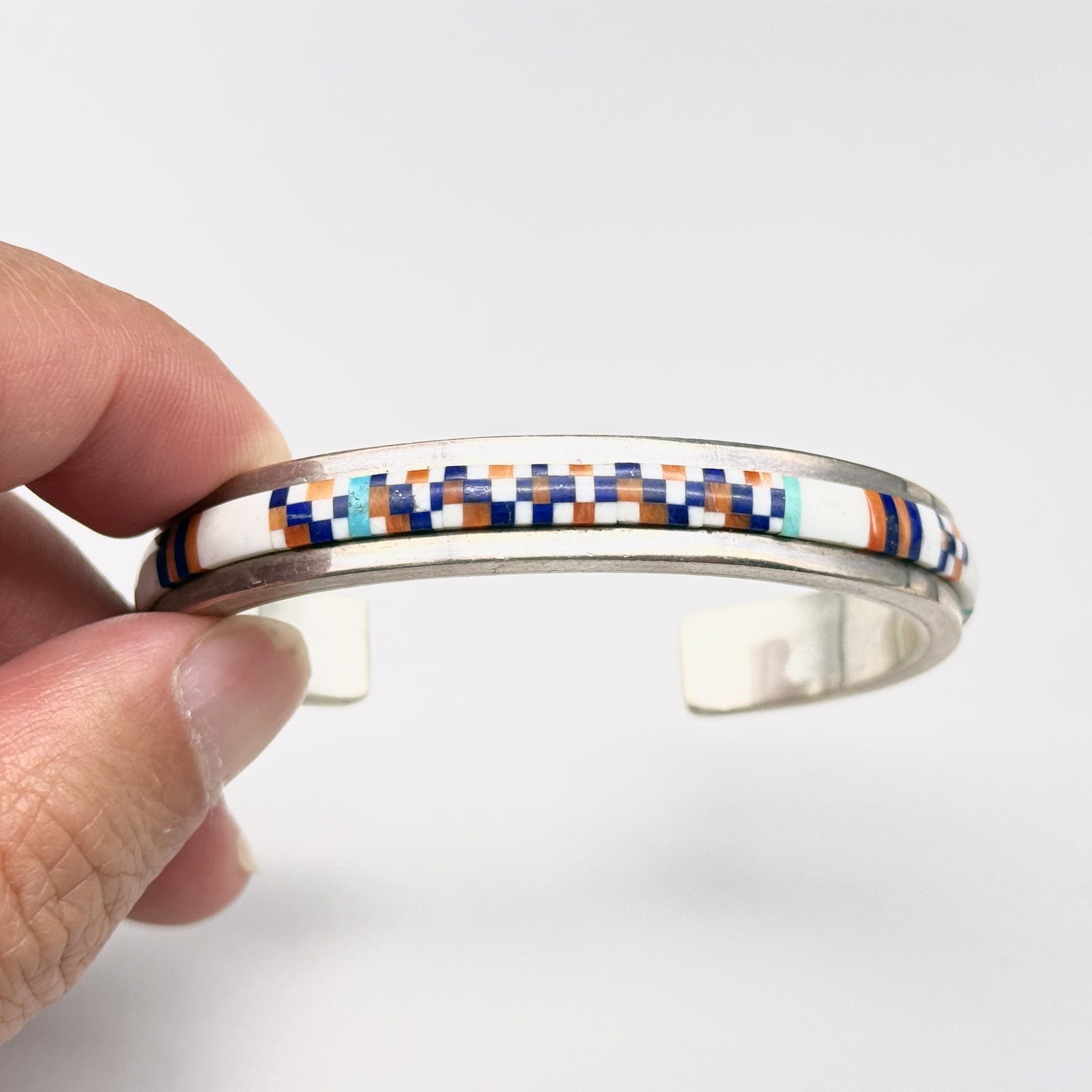 Vintage Native Alan Wallace Multi Stone Inlay Silver Bracelet Cuff Small 6.125\