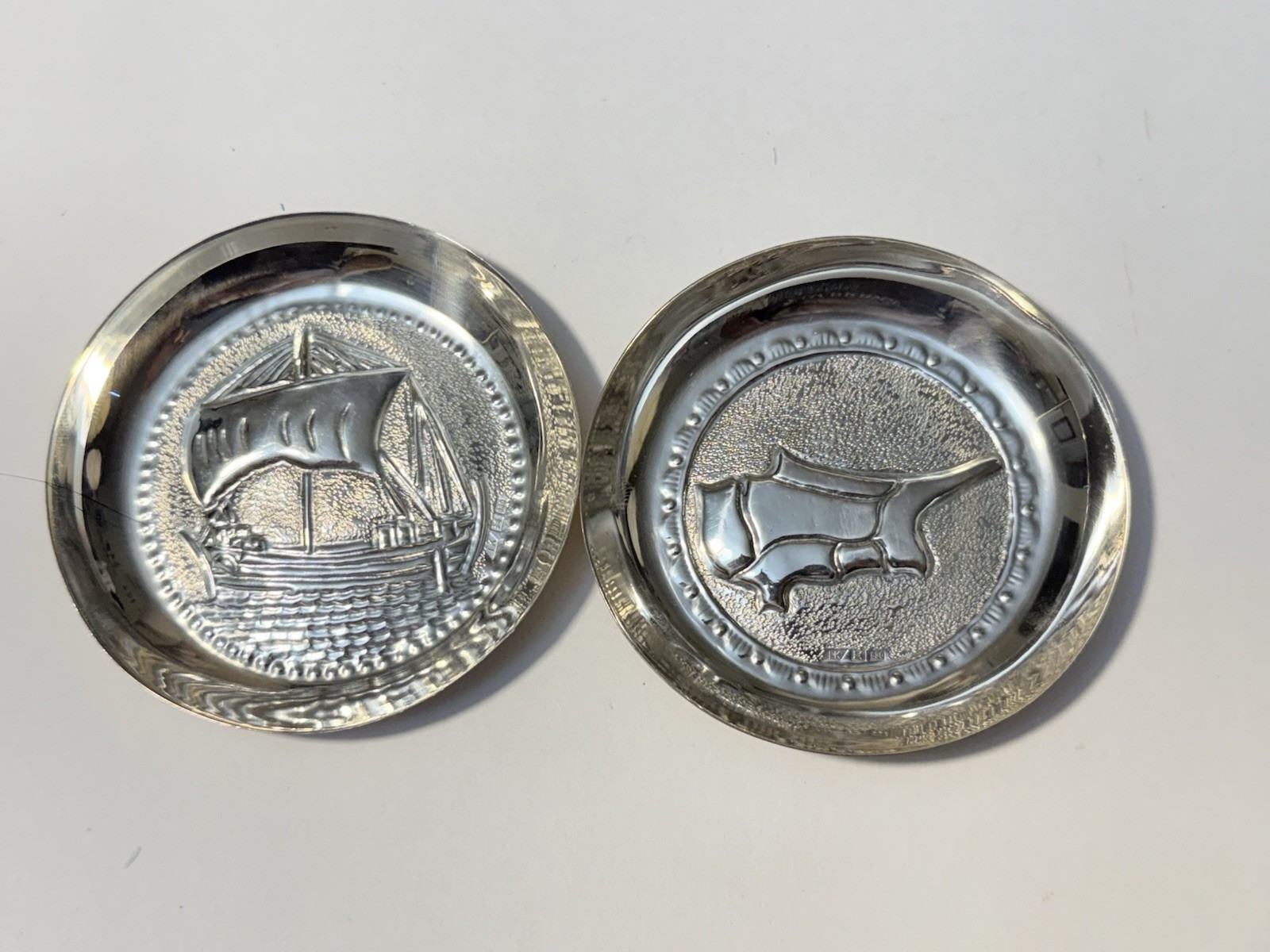 2 Vintage .830 Silver Israel 12 Tribes coin Dishes Zebulun Ship Naphtali Deer