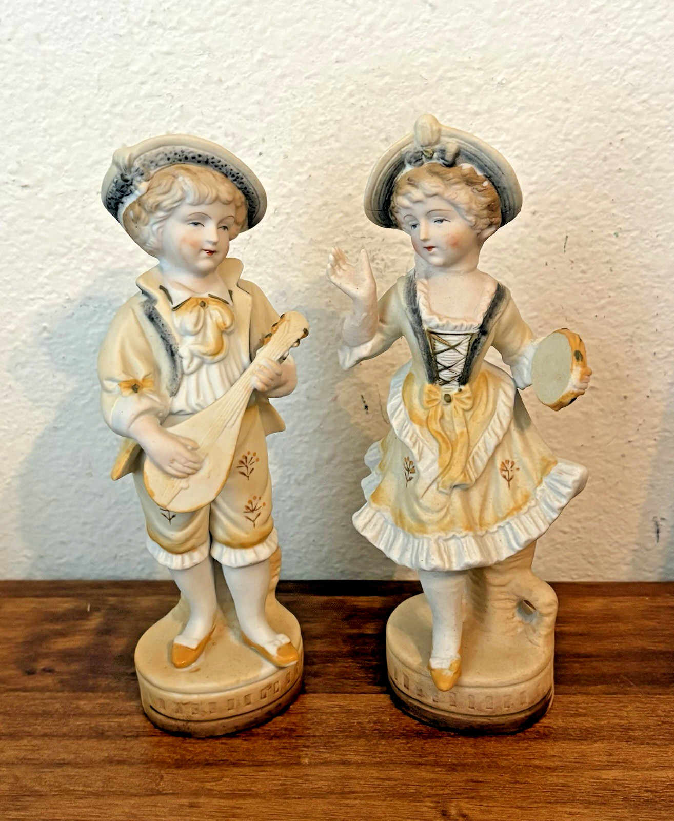 PAIR Vintage Lipper & Mann L&M Bisque Porcelain Figurines, Children w Instrument
