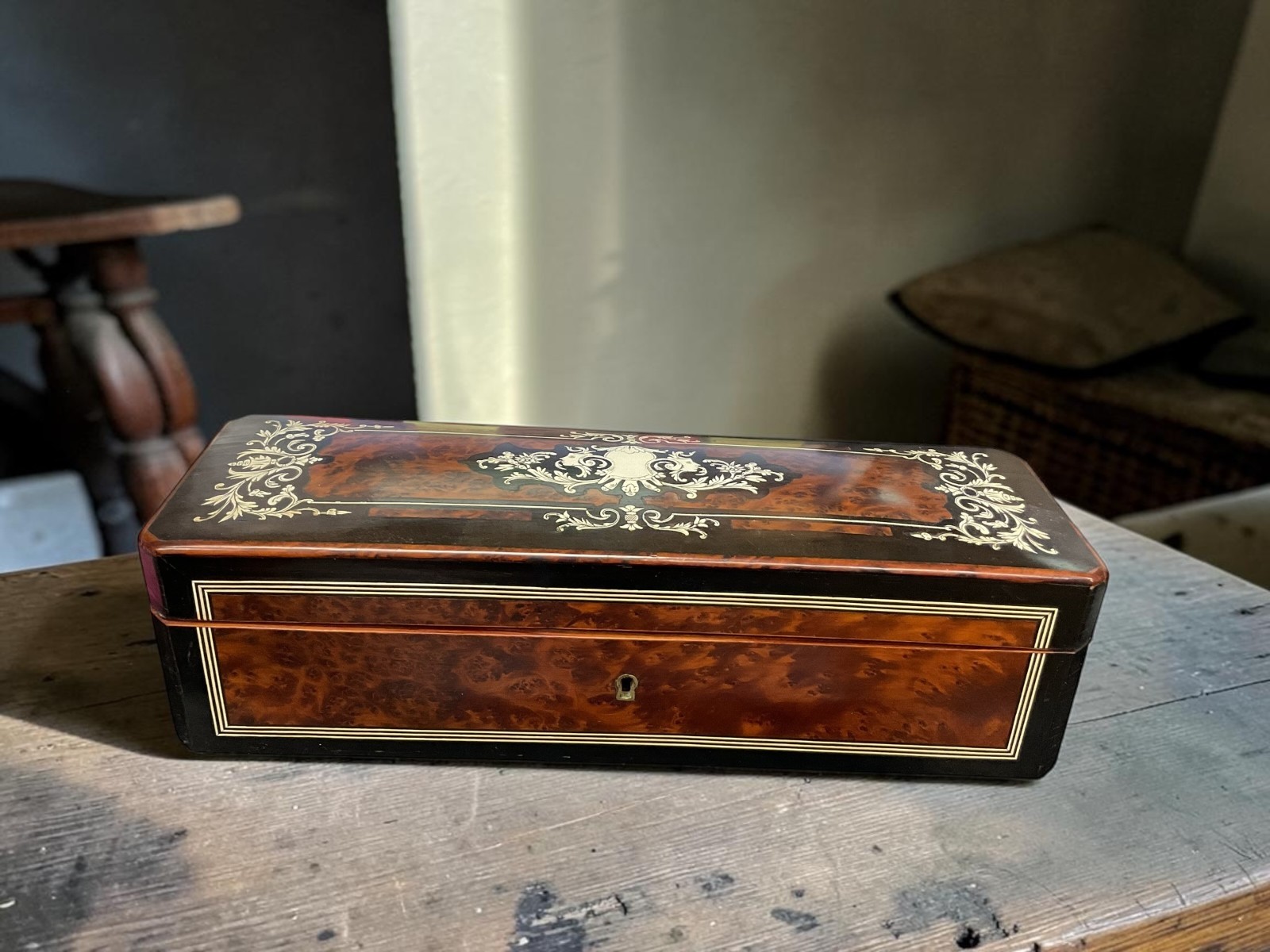 Antique Napoleon III French Drop Front Glove Box Inlaid Ebony Satin Cushioned