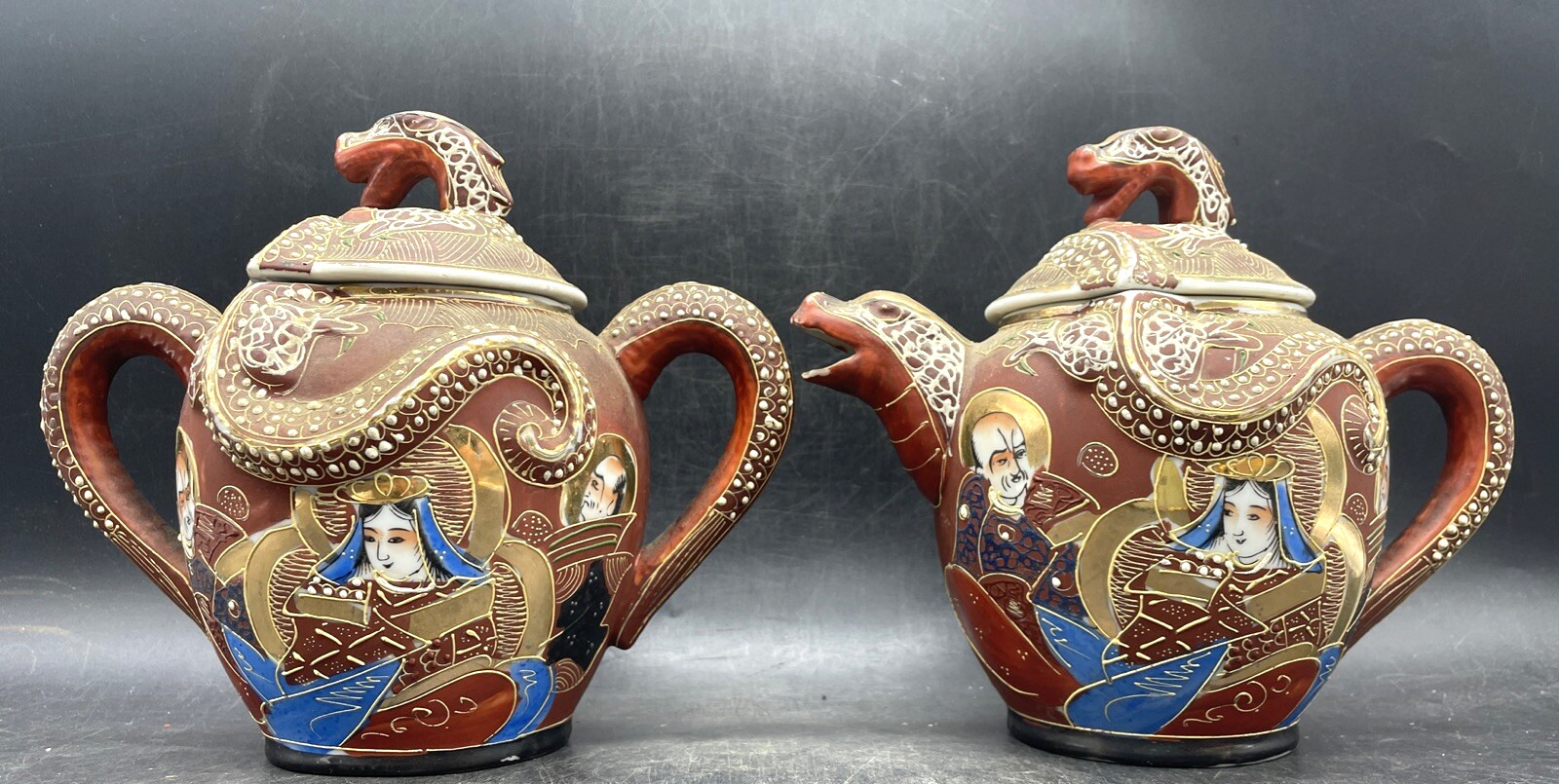 Vintage Japanese Satsuma Kutani Moriage Painted Dragon ware Creamer & Sugar Bowl