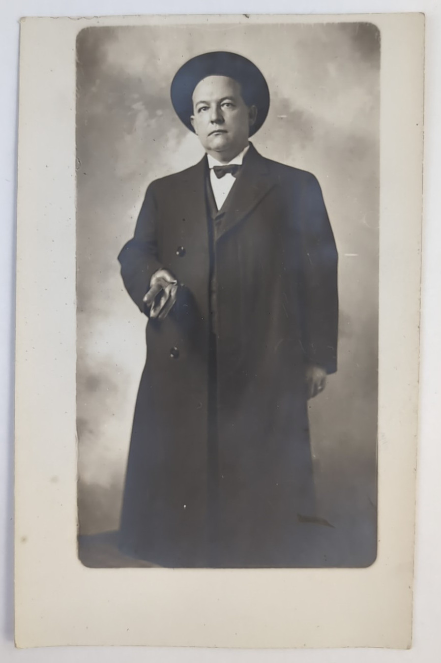 Antique 1910\'s Real Photo Postcard RPPC, Man Dressed w/ Bow Tie, Holding Bag 3x5