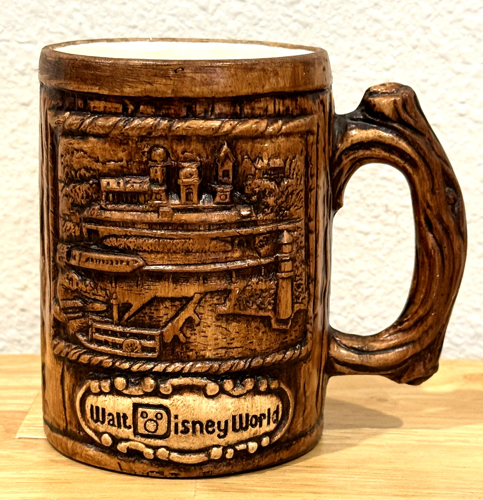 Vtg Rare 1971 Walt Disney World Treasure Craft Monorail Faux Wood Souvenir Mug