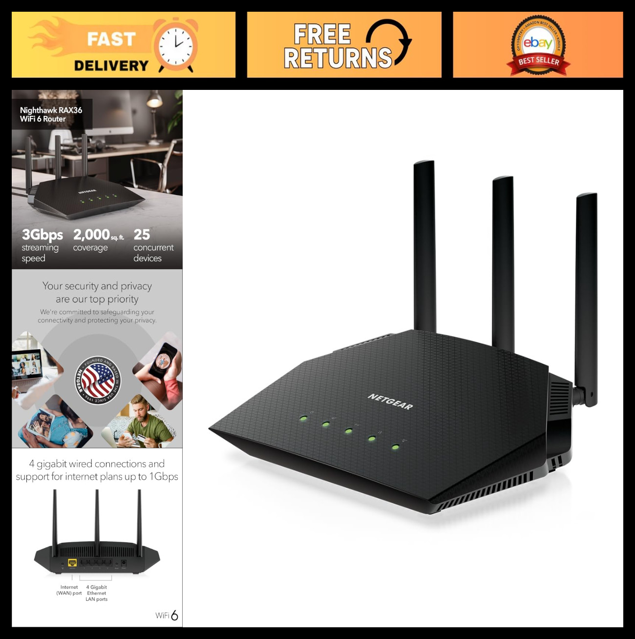 NETGEAR RAX36-100PAR AX3000 Nighthawk 4-Stream AX4 Up to 3 Gbps Wireless Speed W