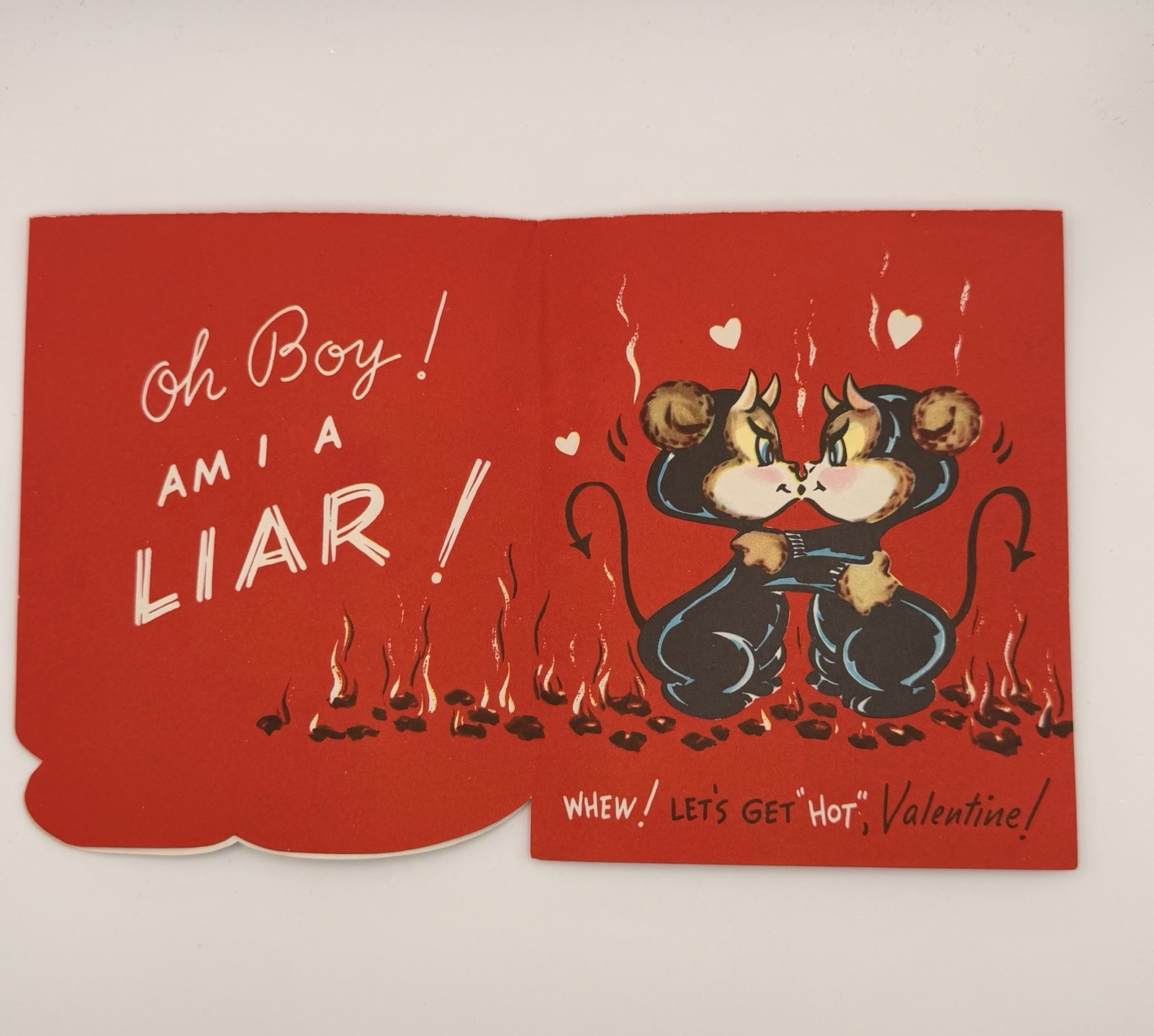 VTG Valentines Day Greeting Card Naughty Kissing Devil Angel