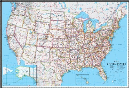 Laminated 24x36 USA Wall Map Current Highways Cities Topography Office Home S...