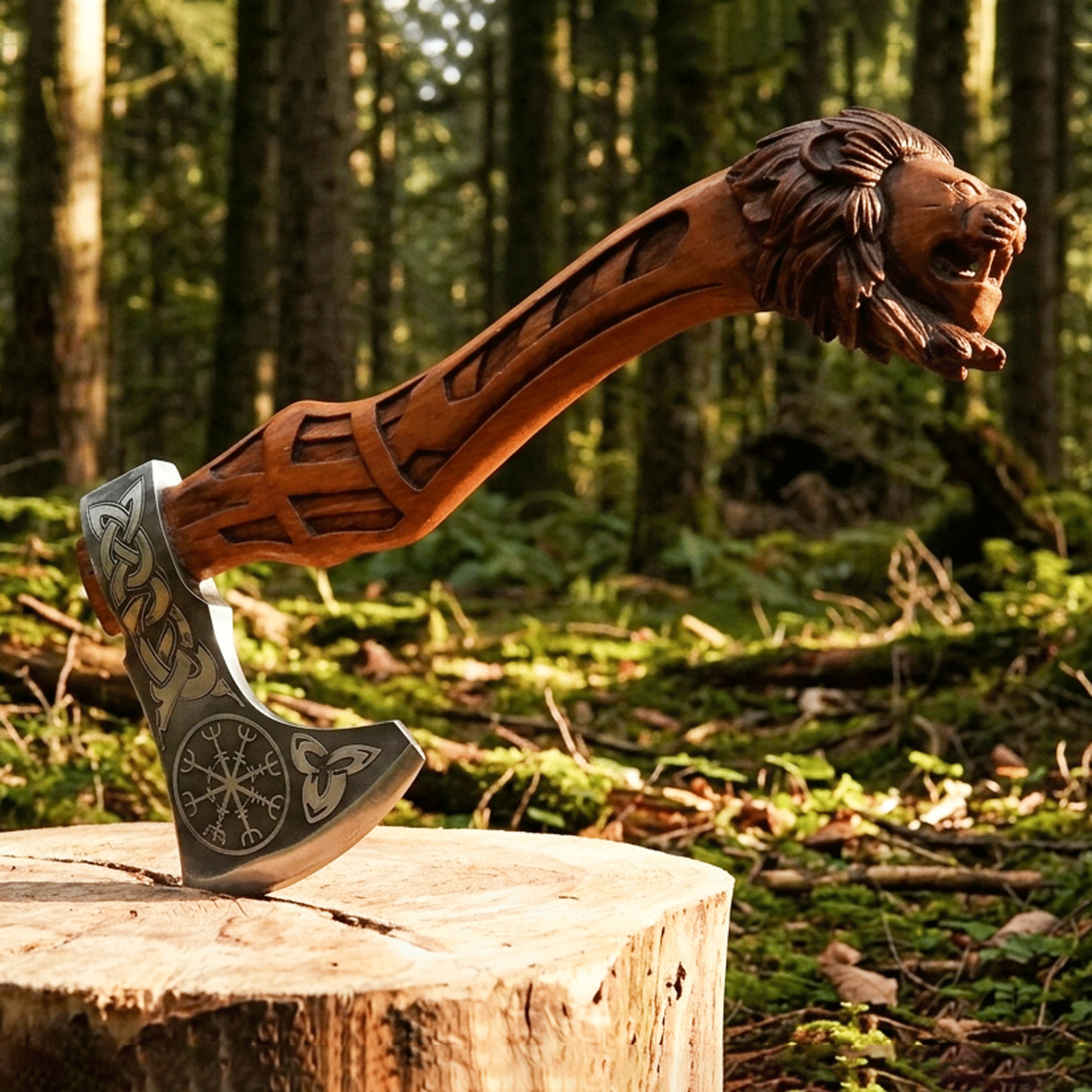 Custom Handmade Carbon Steel Viking Sculpture Lion Axe With Bearded Blade 18Inch