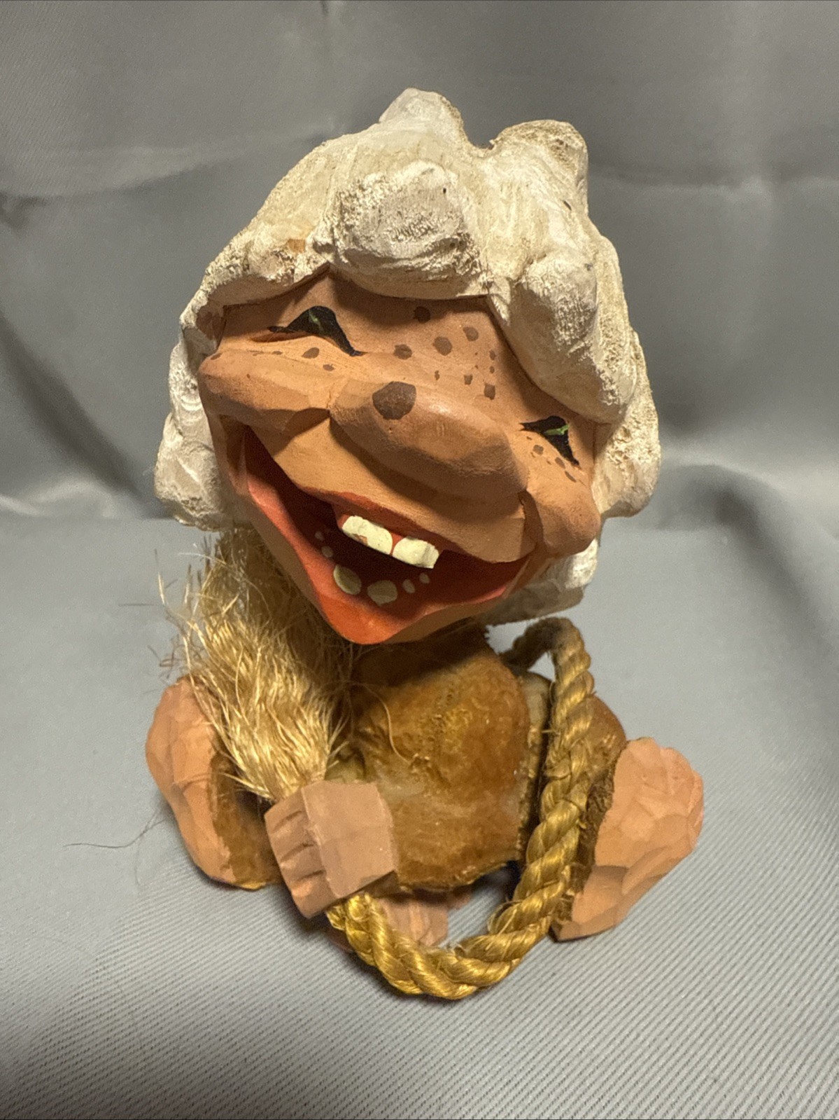 Vintage Hand Carved HENNING NORWAY WOOD Gnome TROLL Holding Rope Tail 5\