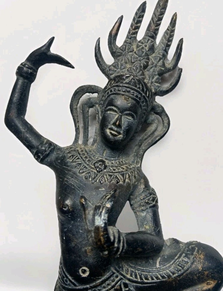Antique Bronze Khmer Aspara Dancer Hindu Buddhist Hand Bell Statue 9.5”