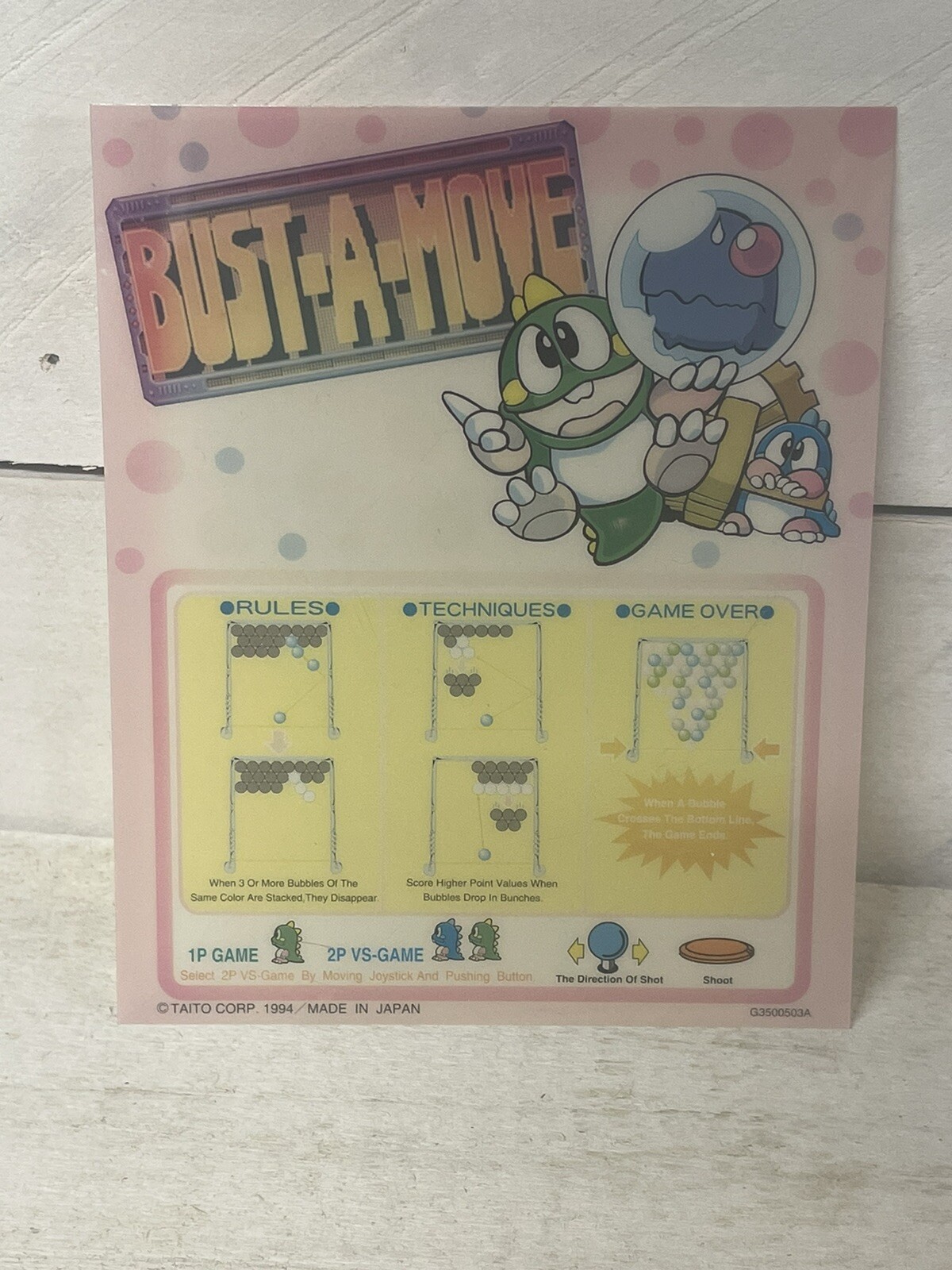 1994 Taito Corp. Bust A Move Replacement Arcade Card Fast Shipping