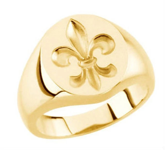 10K Yellow Gold Over Fleur De Lis Signet Ring For Men's in Free Sizable Sz 8-17