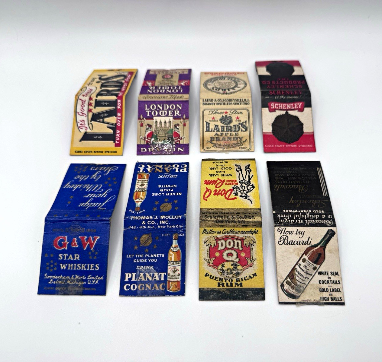 8 Vintage Liquor Matchcovers Bacardi Don Q Lairds Gin Cognac Whiskey 1930s 1940s