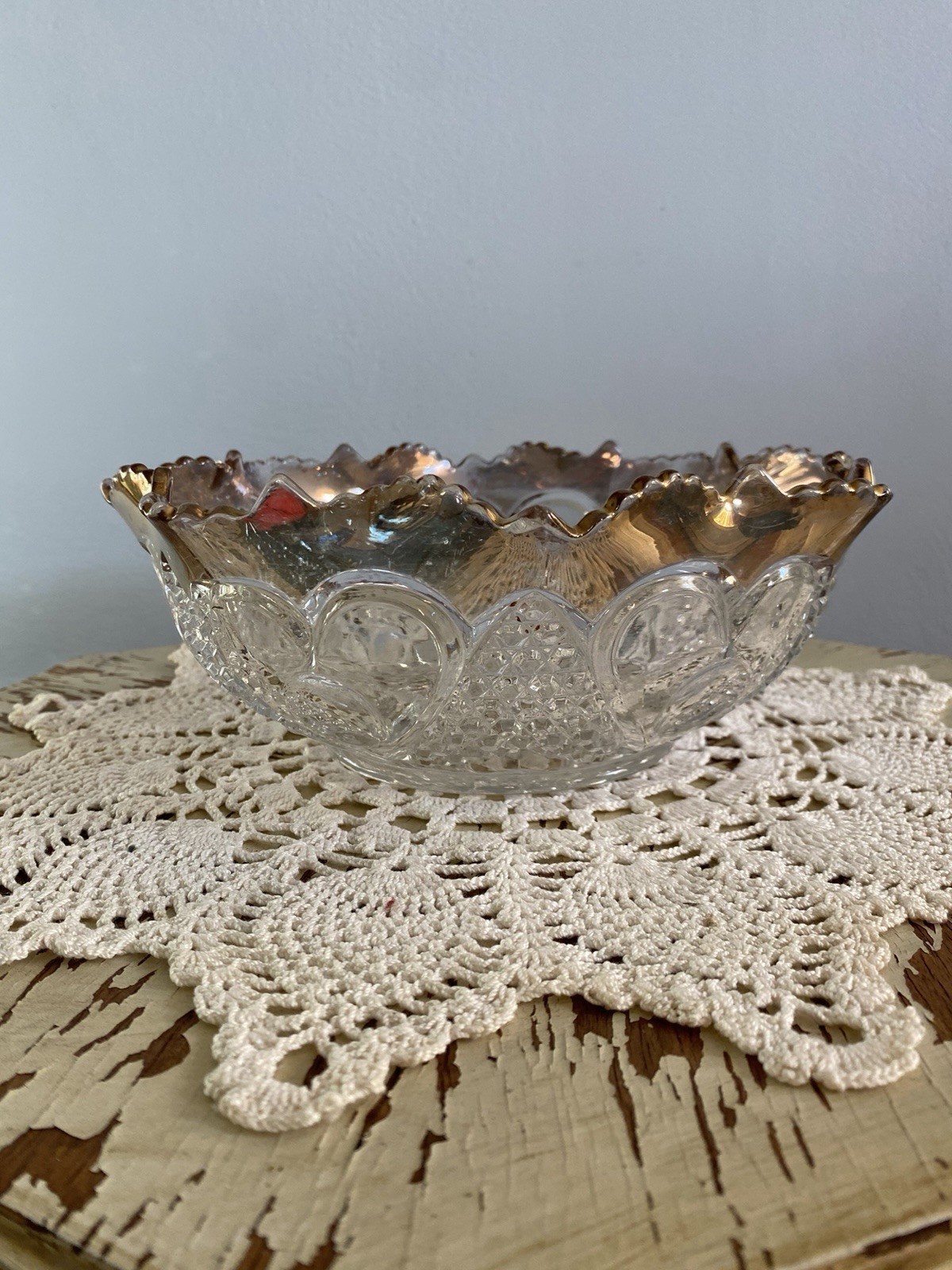 Lovely Antique Large Berry Bowl with Gold Rim and Heart Thumbprint Design