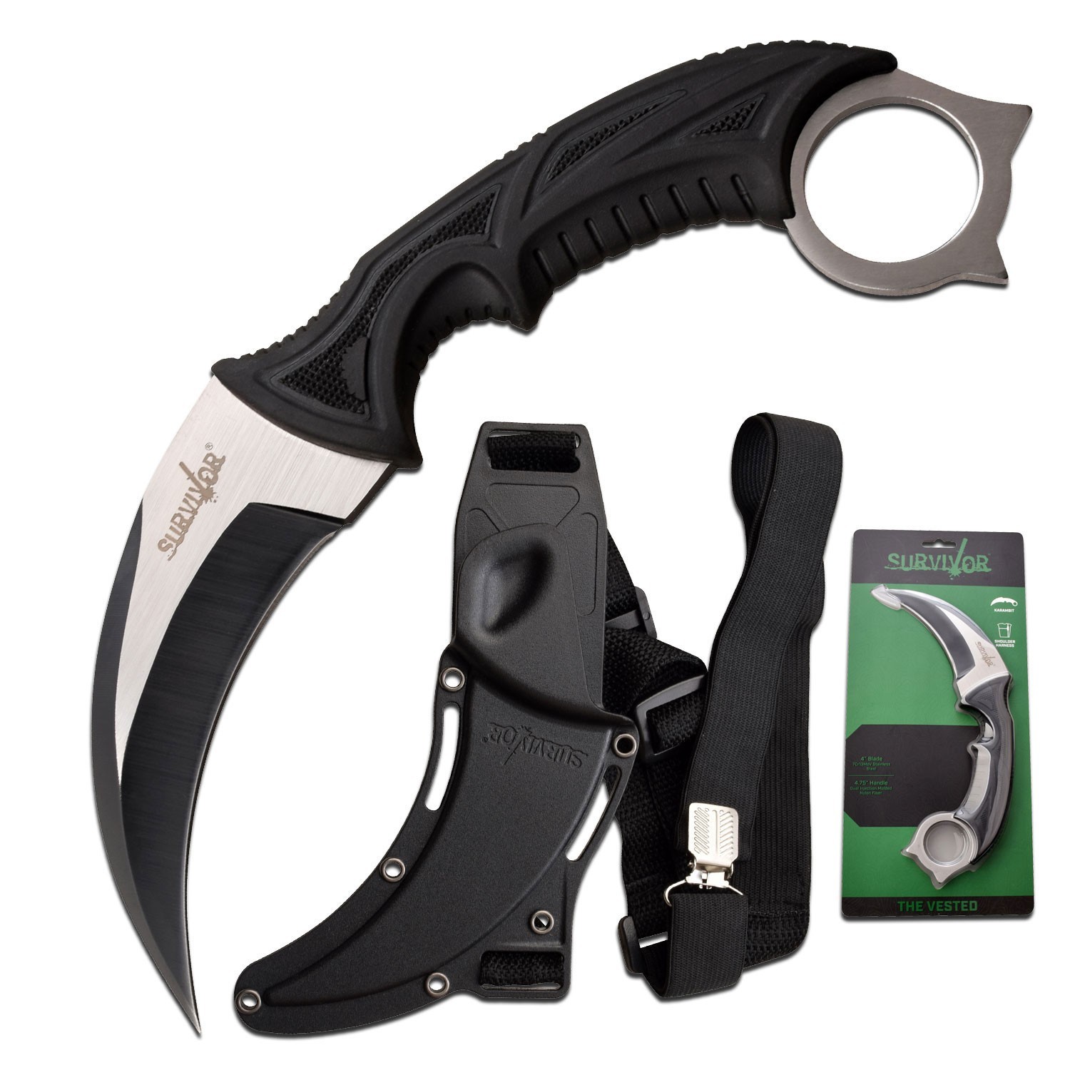 Survivor THE VESTED Fixed Blade Knife w/Nylon Fiber Rubber Over Mold Handle