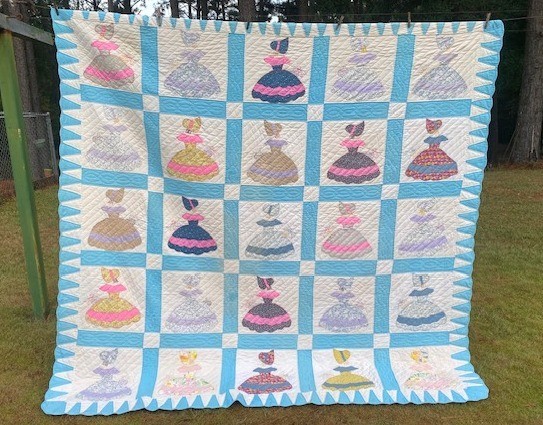 Vintage Handmade Quilt Southern Belle Blue Pink Sun Bonnet Sue QUEEN sz antique