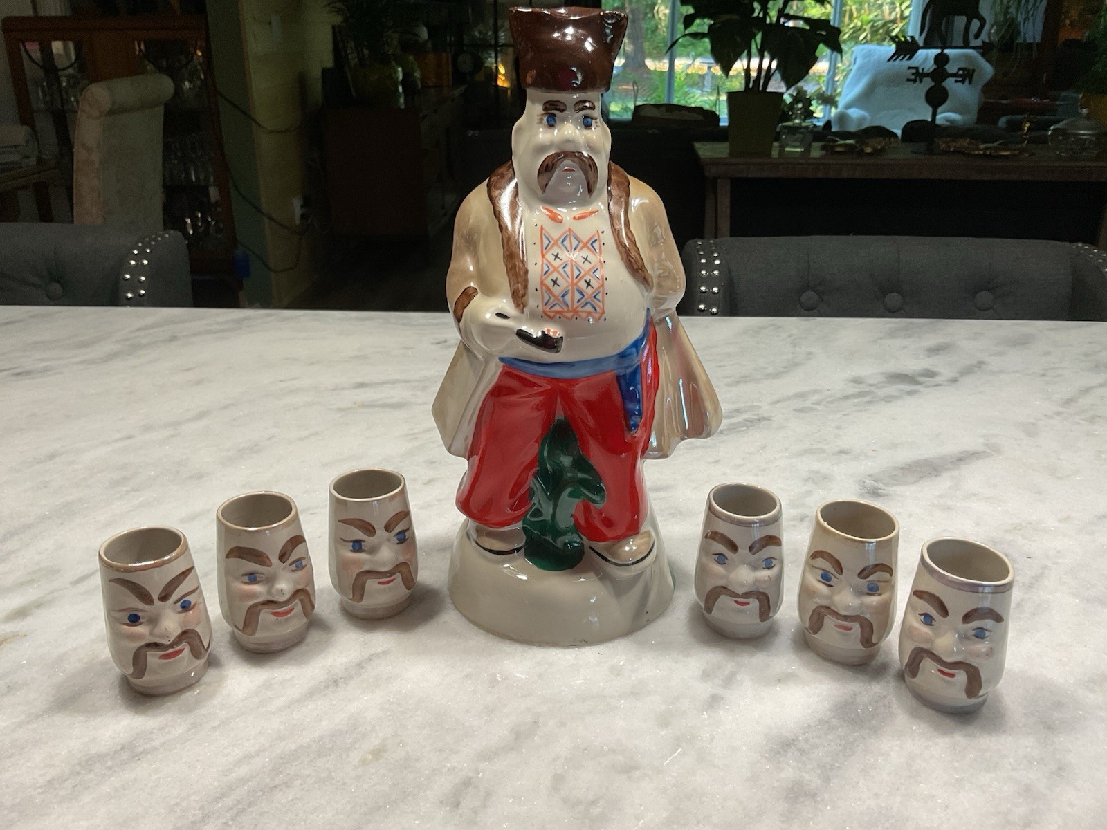 Vintage Ukrainian Cossack Decanter Set Ceramic Liquor Bottle 6 Shot USSR FolkArt