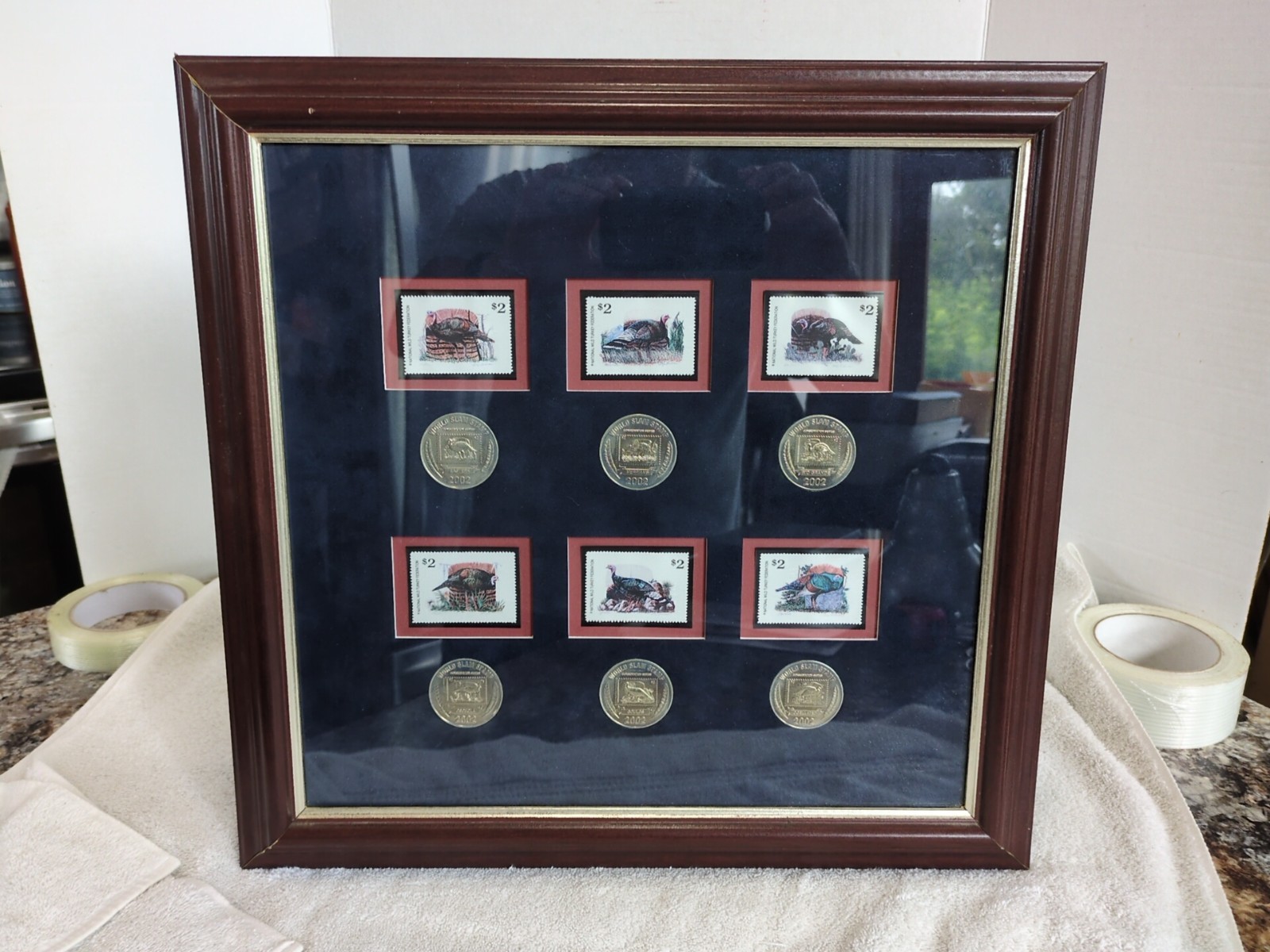 Framed National Wild Turkey Federation 2002 Collection Stamps & Coins 16.5 X 17