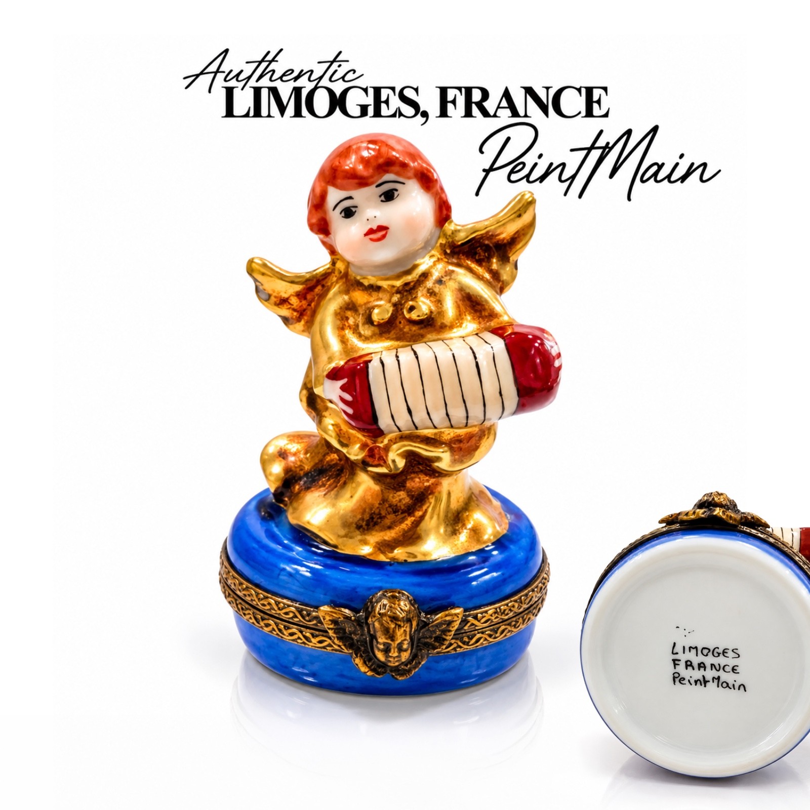 Limoges Peint Main France Angel Playing Accordion Trinket Box