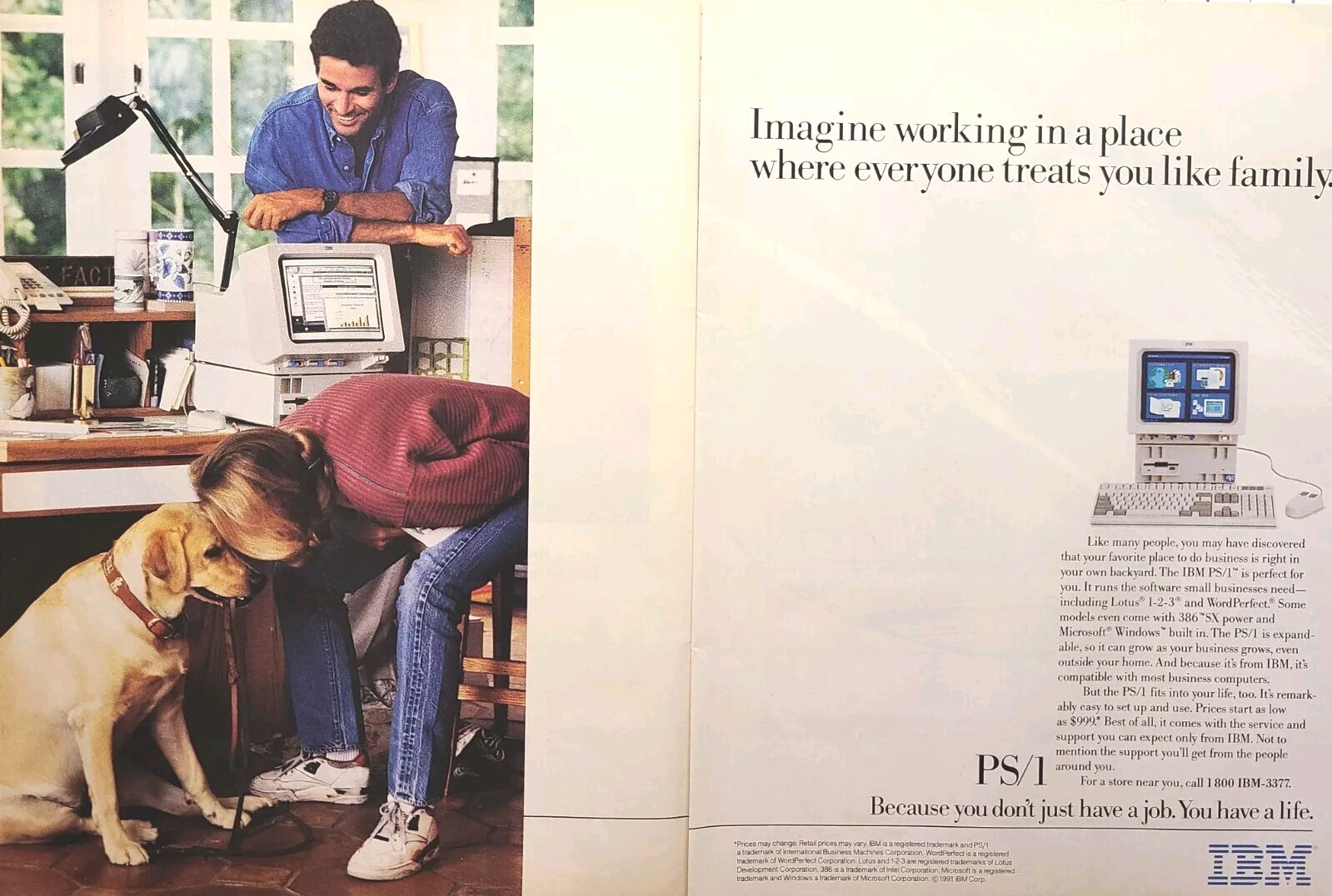 IBM PS/1 Small Business Computer Golden Retreiver Vintage Print Ad 1991