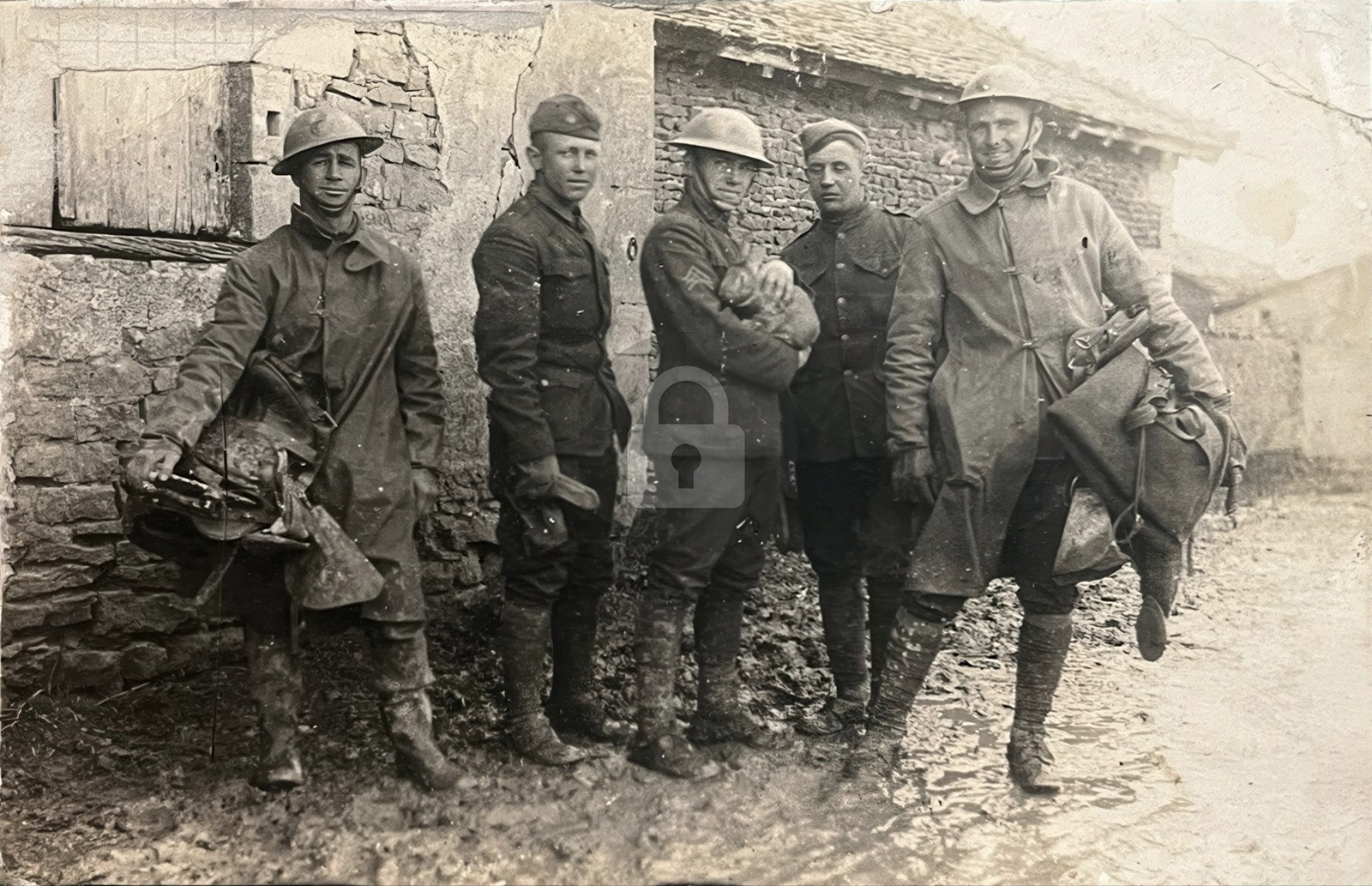 WW1 Doughboy Soldiers Helmets Gear Cat WW1 RPPC Photo Postcard COPY