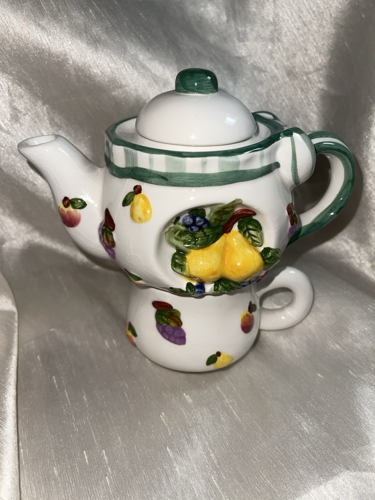 Vintage Houston Harvest Ceramic Tea For One Set Stacking Teapot Cup Fruit CUTE
