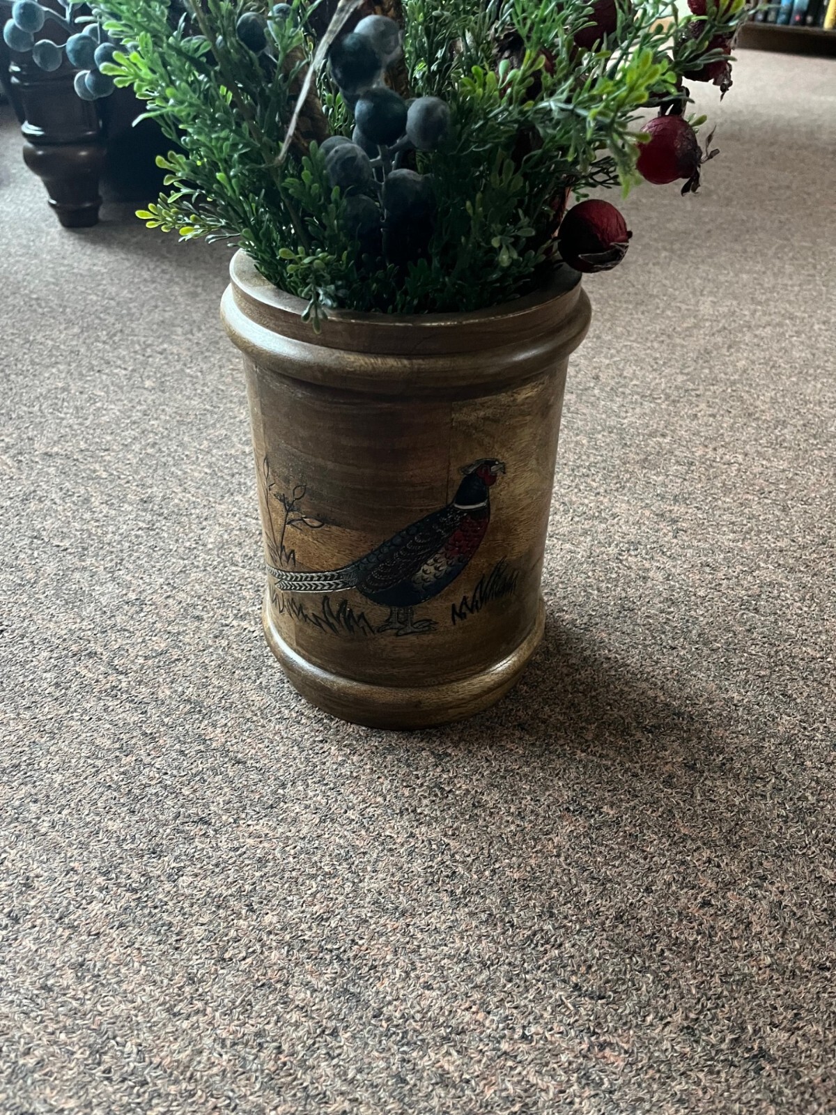 6x9 Inch Wooden Vase with Medium Burnt Finish Rustic Countertop Pheasant Decore