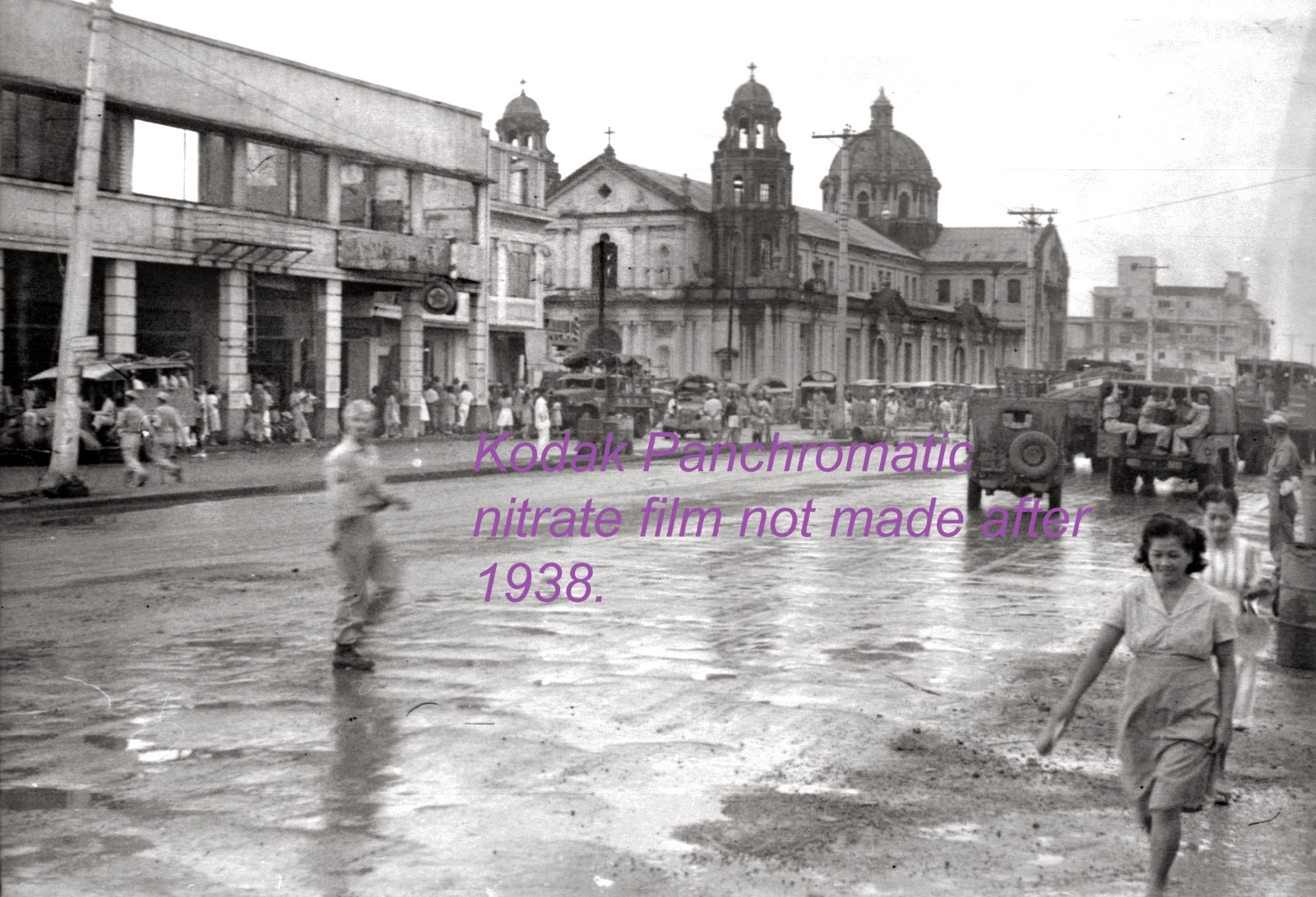 1940s WWII Soldiers Military Philippines Quiapo Church Women Vintage Negative
