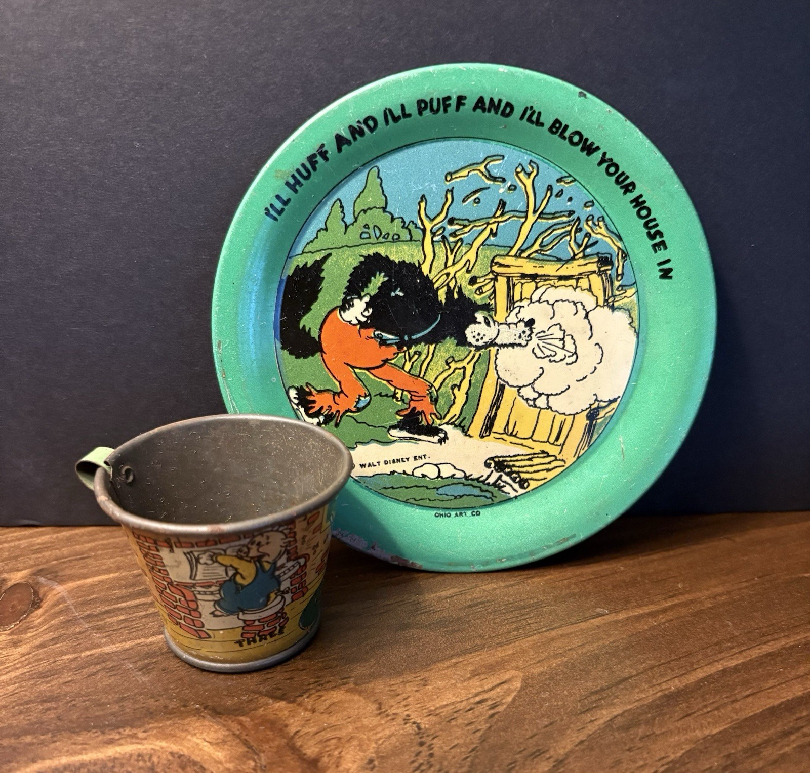 Antique 1930’s Walt Disney Three Little Pigs Ohio Art Tin Cup and Plate