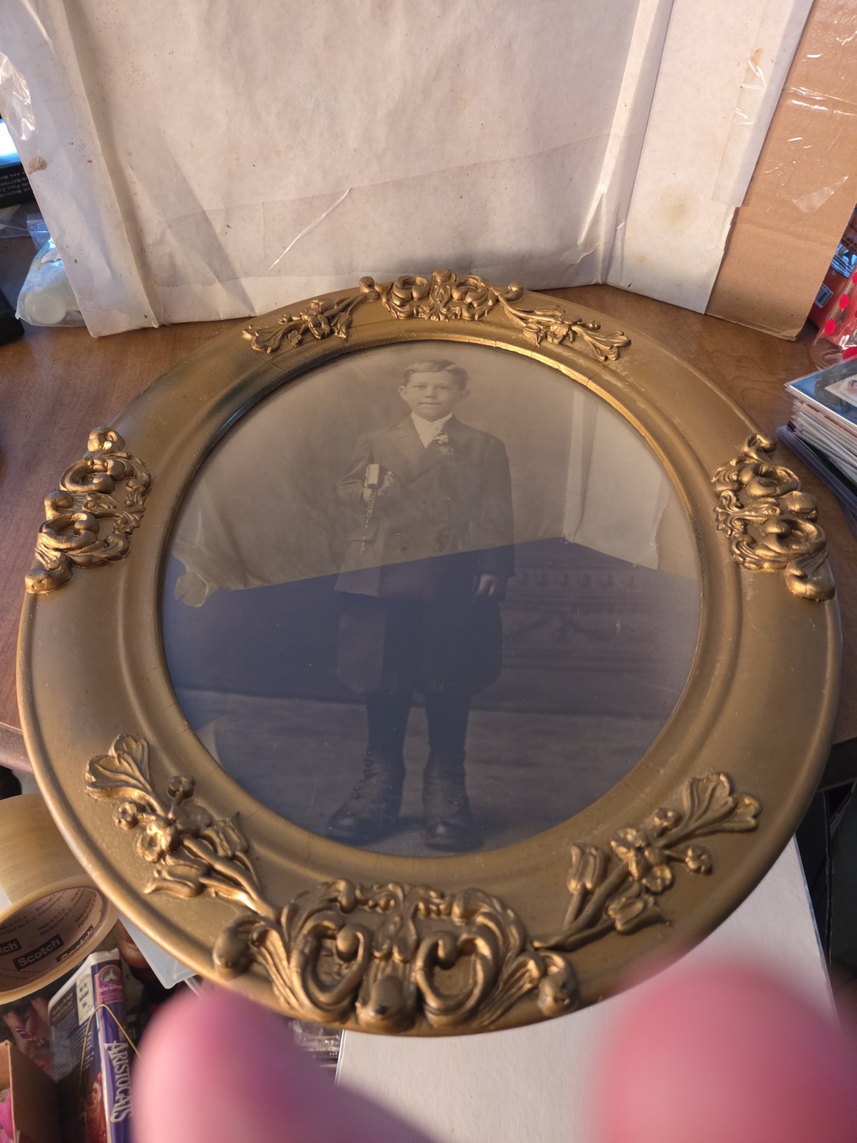 Vintage  Round Ornate Gold Gilt Frame Young Man With Books 17 1/2\
