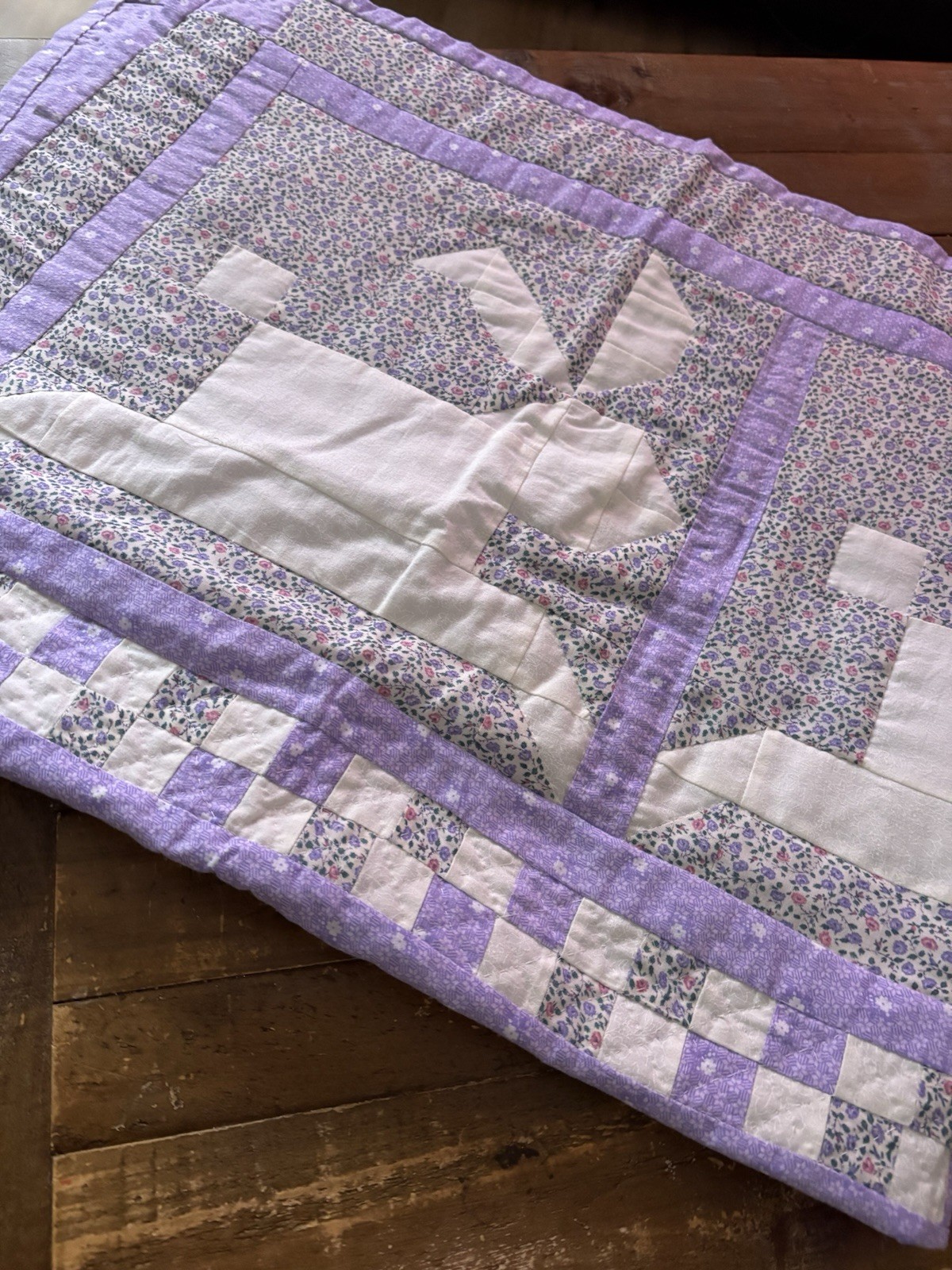 Vintage Handmade lavender and white rabbit patchwork quilt Wall Hanging