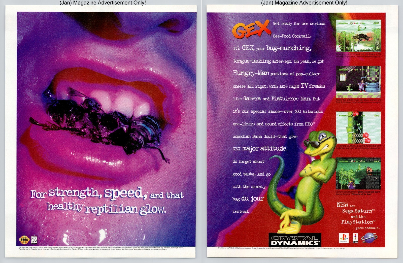 Gex Crystal Dynamics Gecko Sega Saturn PlayStation Vtg 1996 2Page Advertisement